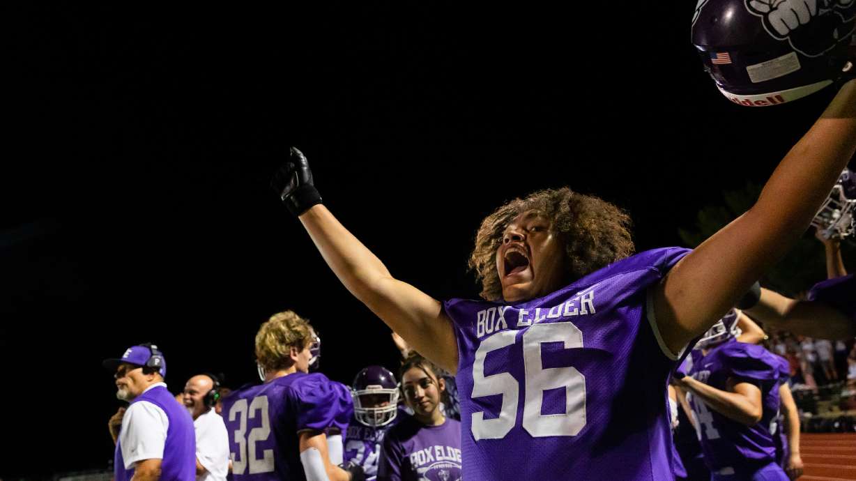 Box Elder High School’s John Lowder celebrates during a football game that ended in a 42-12 victory over Northridge High School at Weber High School in Pleasant View on Friday, Sept. 1, 2023.
