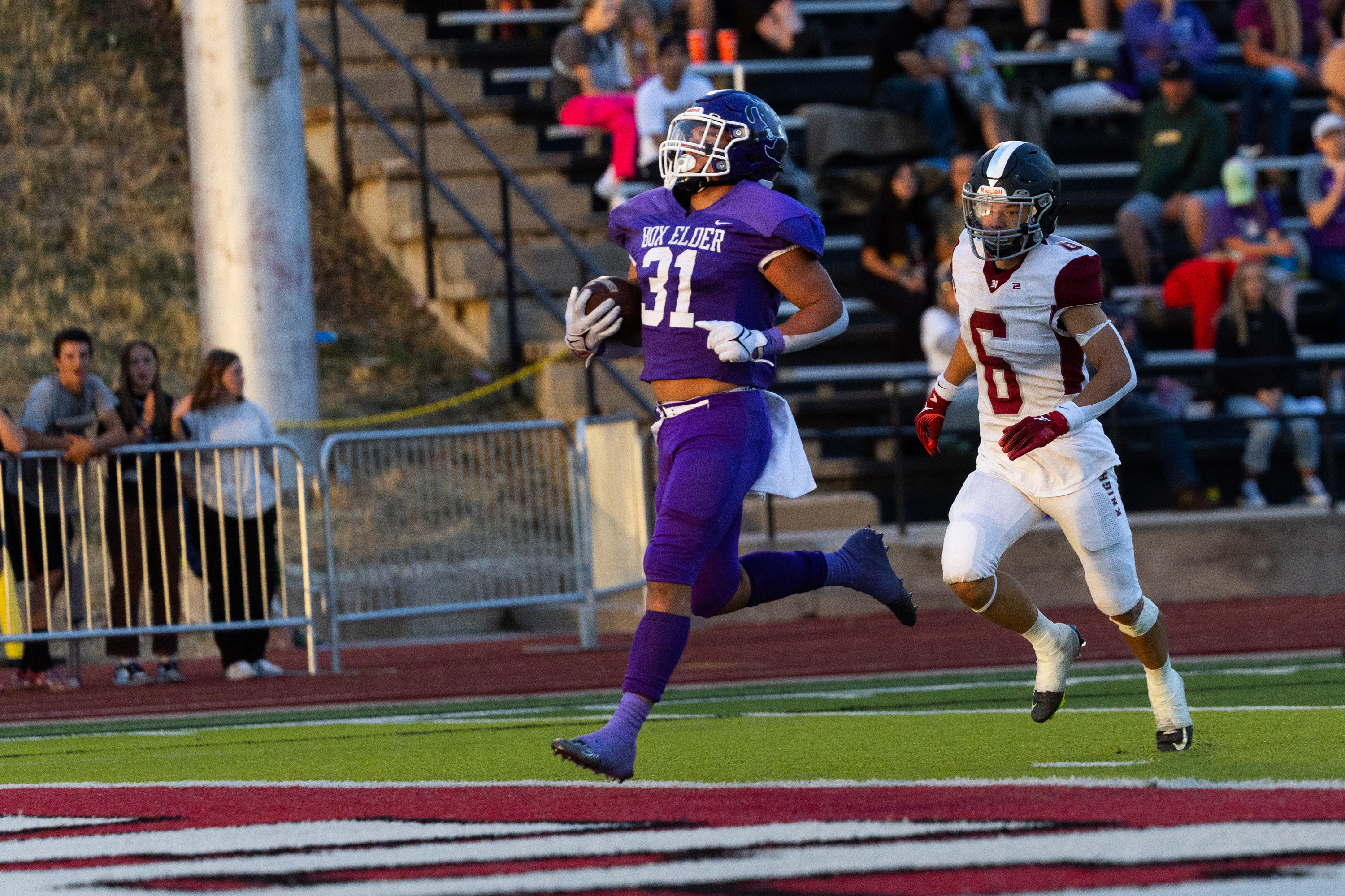 Box Elder's Dax Sumko runs the ball into the end zone for a touchdown during their football game against Northridge High School at Weber High School in Pleasant View on Friday, Sept. 1, 2023. Box Elder won the game 42-12.