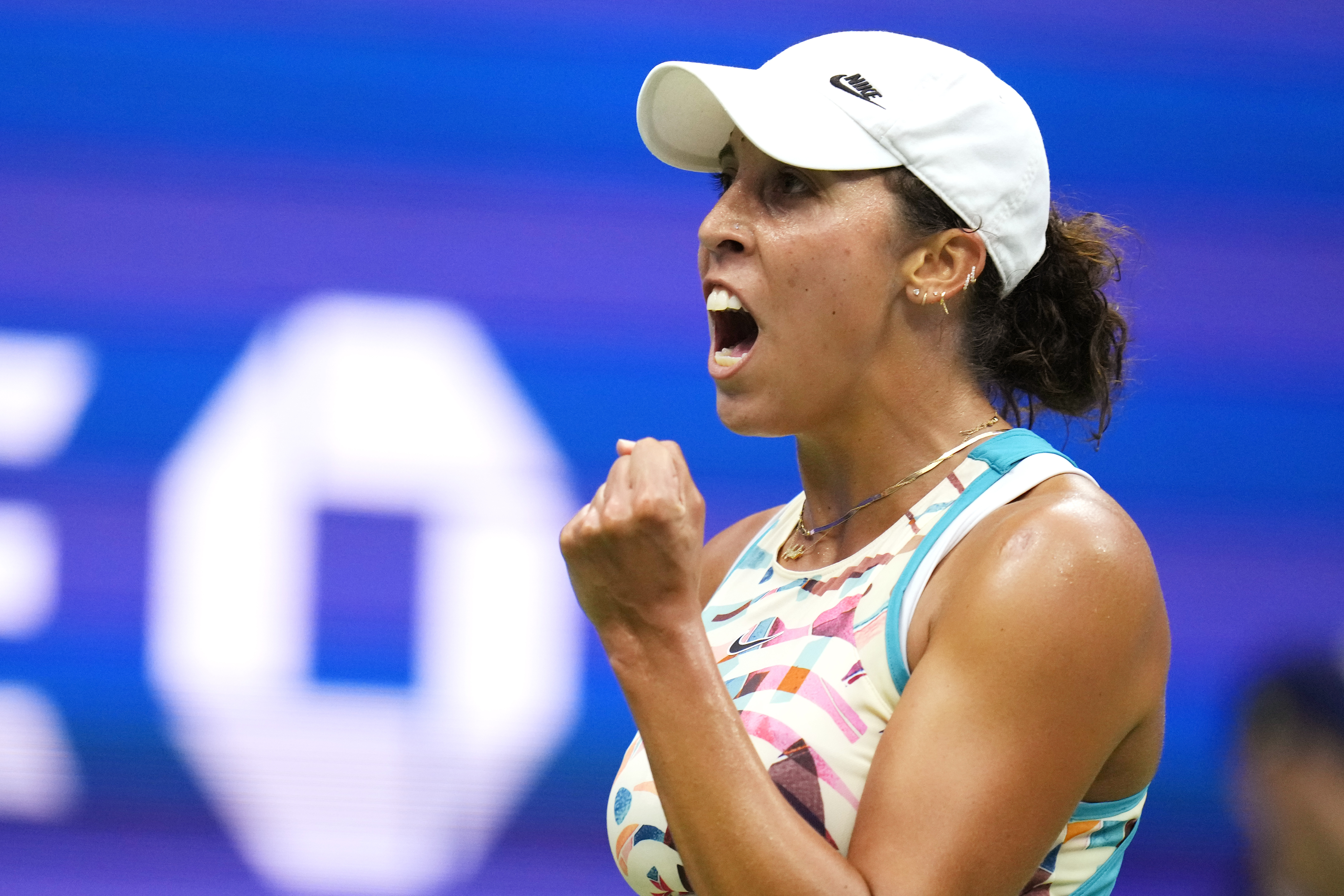 Madison Keys, of the United States, pumps her fist after winning the match against Jessica Pegula, of the United States, during the fourth round of the U.S. Open tennis championships, Monday, Sept. 4, 2023, in New York. 