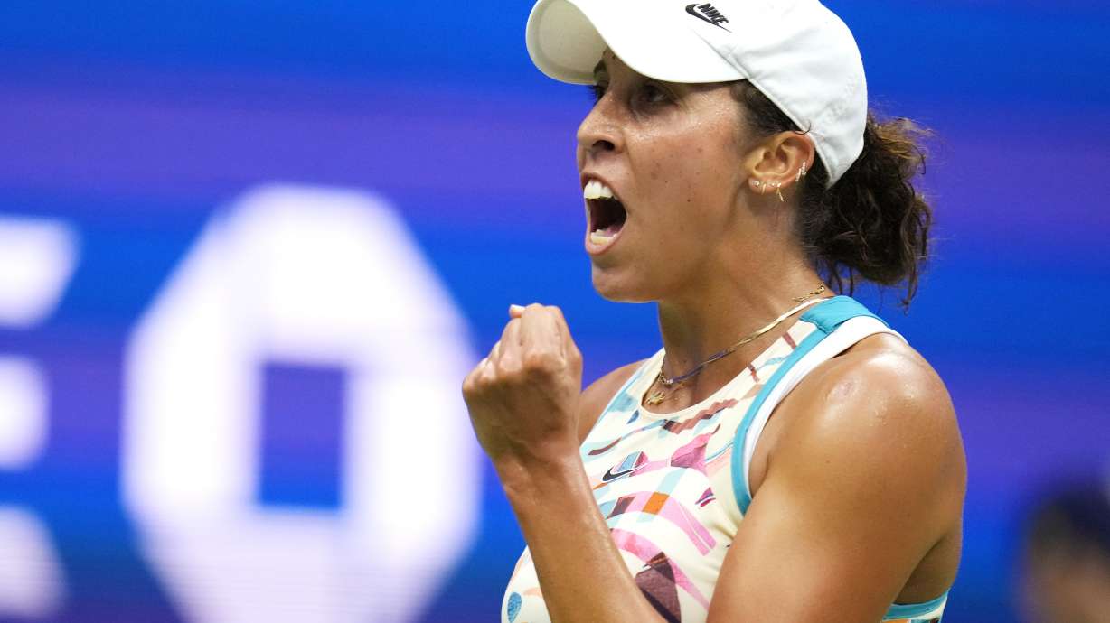 Madison Keys, of the United States, pumps her fist after winning the match against Jessica Pegula, of the United States, during the fourth round of the U.S. Open tennis championships, Monday, Sept. 4, 2023, in New York.