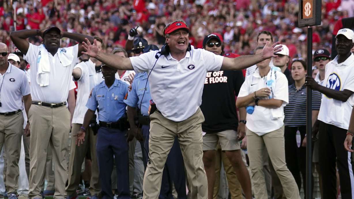 Georgia head coach Kirby Smart, center, reacts on the sideline during the first half of an NCAA college football game against Tennessee-Martin, Saturday, Sept. 2, 2023, in Athens, Ga.