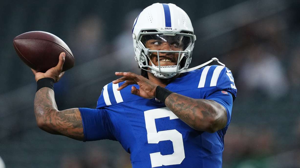 Indianapolis Colts quarterback Anthony Richardson warms up before an NFL preseason football game against the Philadelphia Eagles on Thursday, Aug. 24, 2023, in Philadelphia.