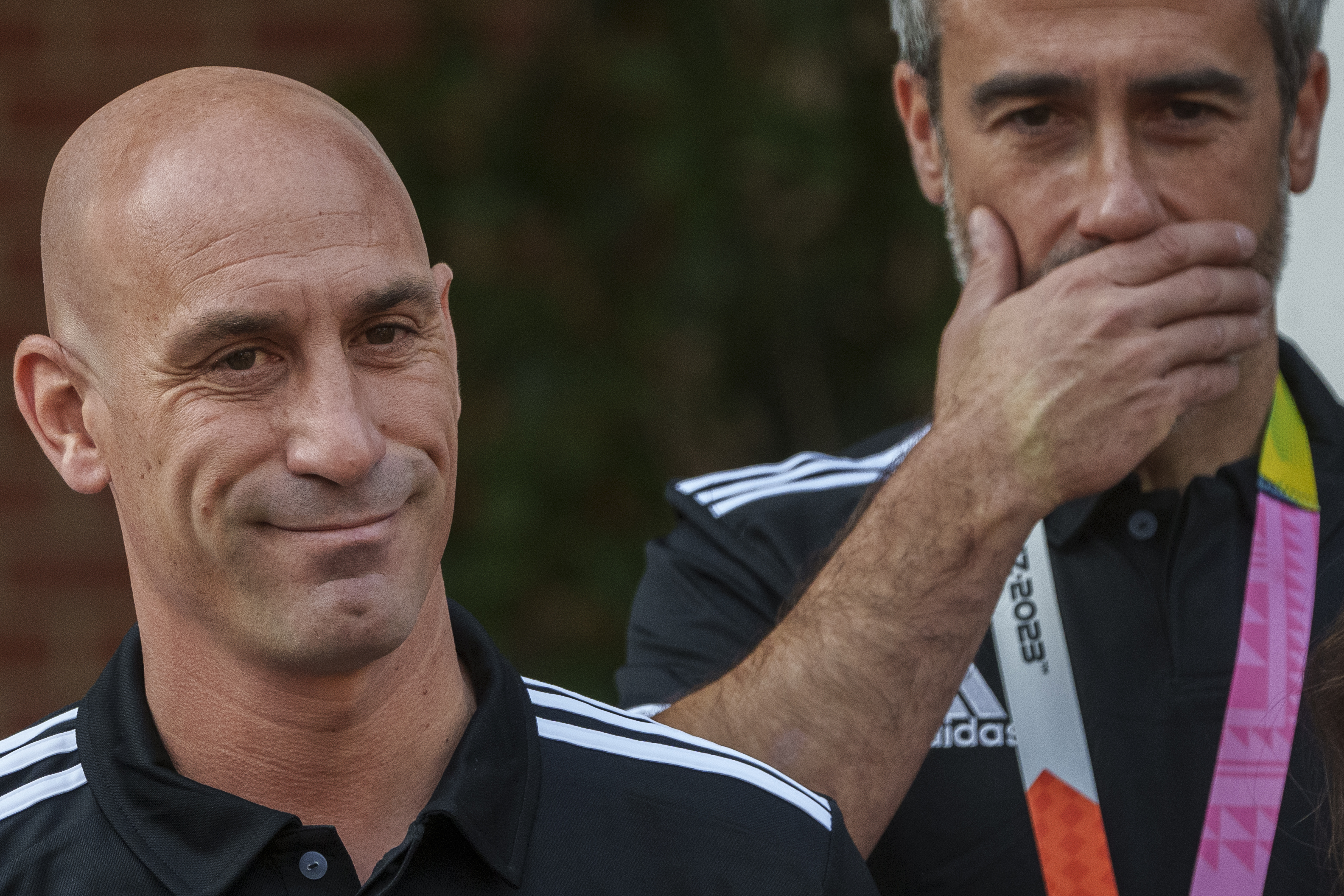 FILE - President of Spain's soccer federation, Luis Rubiales, left, stands next to Spain Head Coach Jorge Vilda after their World Cup victory at La Moncloa Palace in Madrid, Spain, Tuesday, Aug. 22, 2023. 