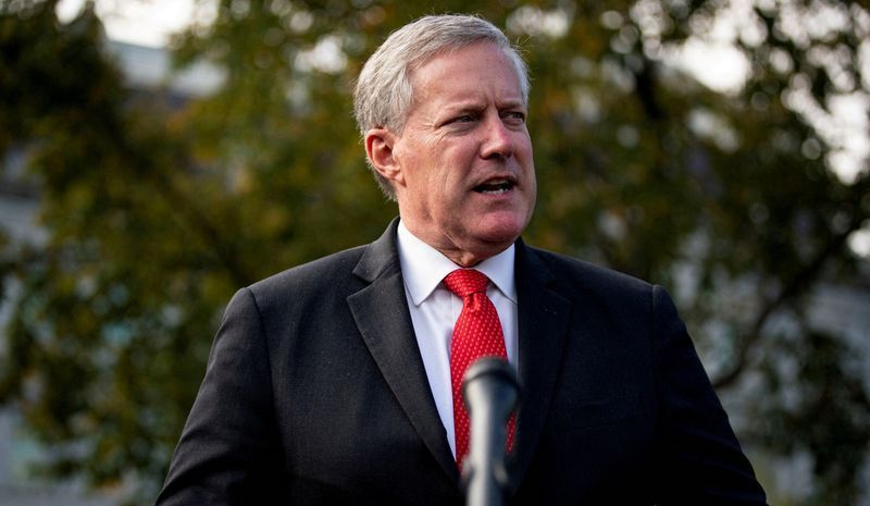 White House Chief of Staff Mark Meadows speaks to reporters following a television interview, outside the White House in Washington, Oct. 21, 2020. Meadows pleaded not guilty on Tuesday to charges in the Georgia election subversion case