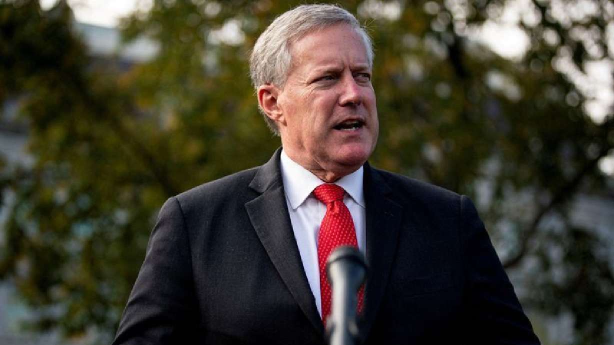 White House Chief of Staff Mark Meadows speaks to reporters following a television interview, outside the White House in Washington, Oct. 21, 2020. Meadows pleaded not guilty on Tuesday to charges in the Georgia election subversion case
