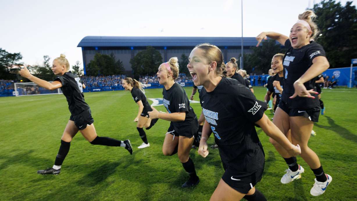 BYU women's soccer celebrates a 3-1 win over No. 1 UCLA, Thursday, Aug. 31, 2023, at South Field in Provo.