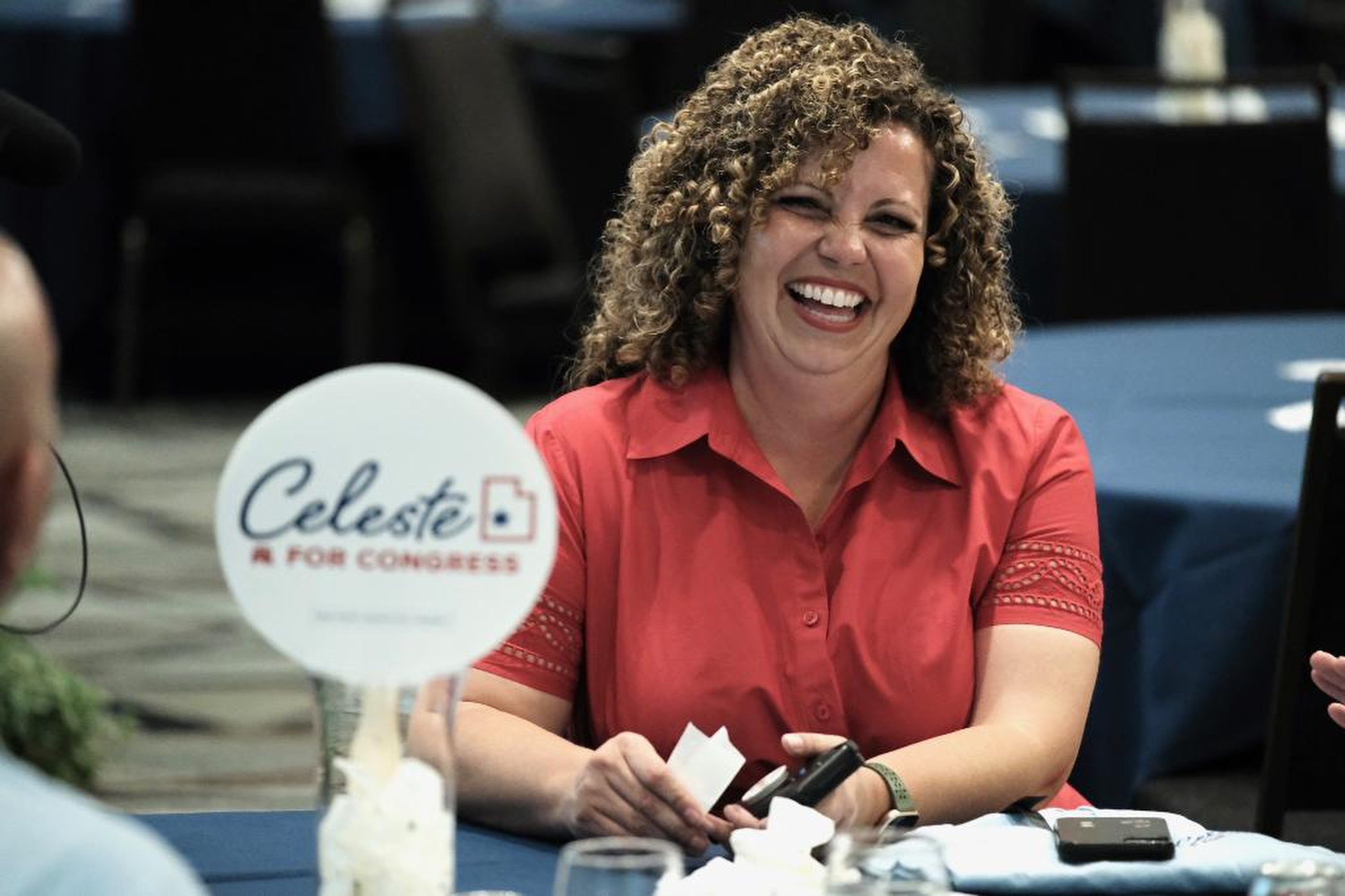 Celeste Maloy, candidate for Rep. Chris Stewart’s 2nd Congressional District seat, laughs Tuesday evening, Sept. 5, 2023, at a campaign party in Cedar City.