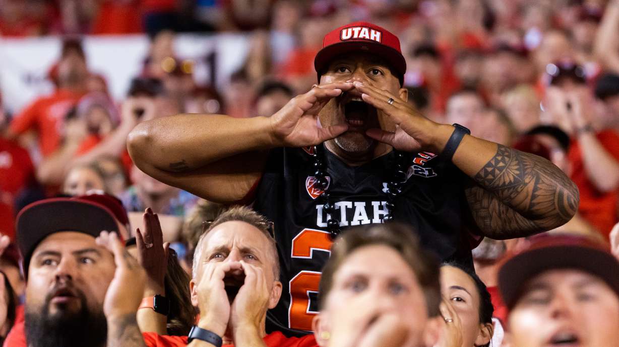 University of Utah fans yell during a Florida third down during the season opener at Rice-Eccles Stadium in Salt Lake City on Thursday, Aug. 31, 2023.