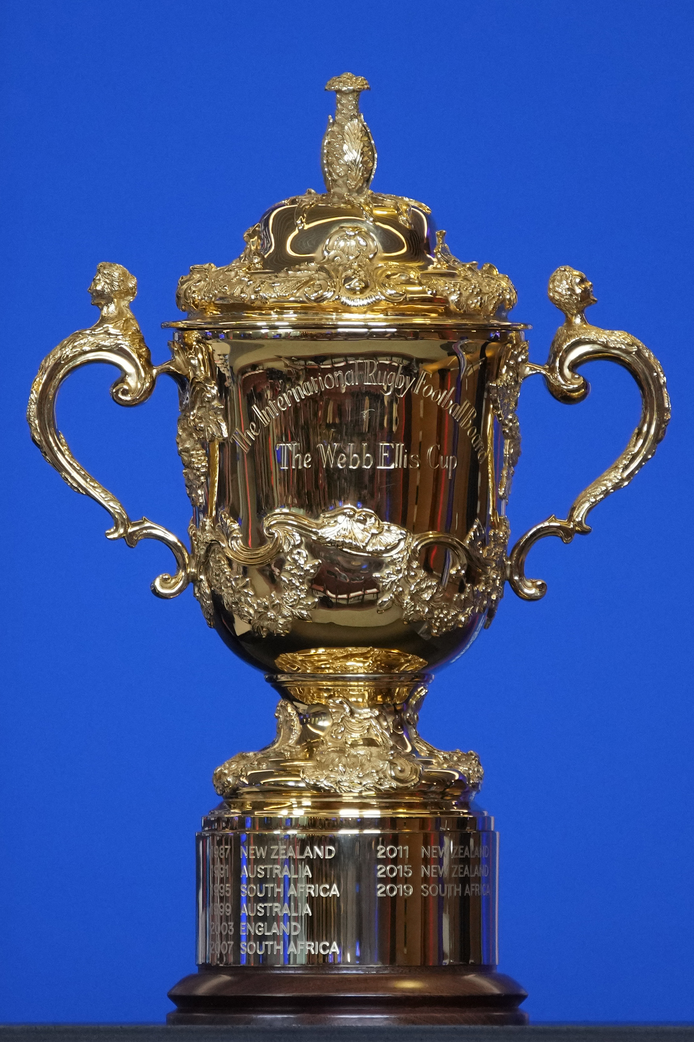 The Webb Ellis Cup is on display during a press conference in Paris, Monday, Sept. 4, 2023, ahead of the France 2023 Rugby World Cup. 