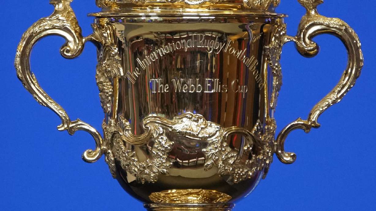 The Webb Ellis Cup is on display during a press conference in Paris, Monday, Sept. 4, 2023, ahead of the France 2023 Rugby World Cup.