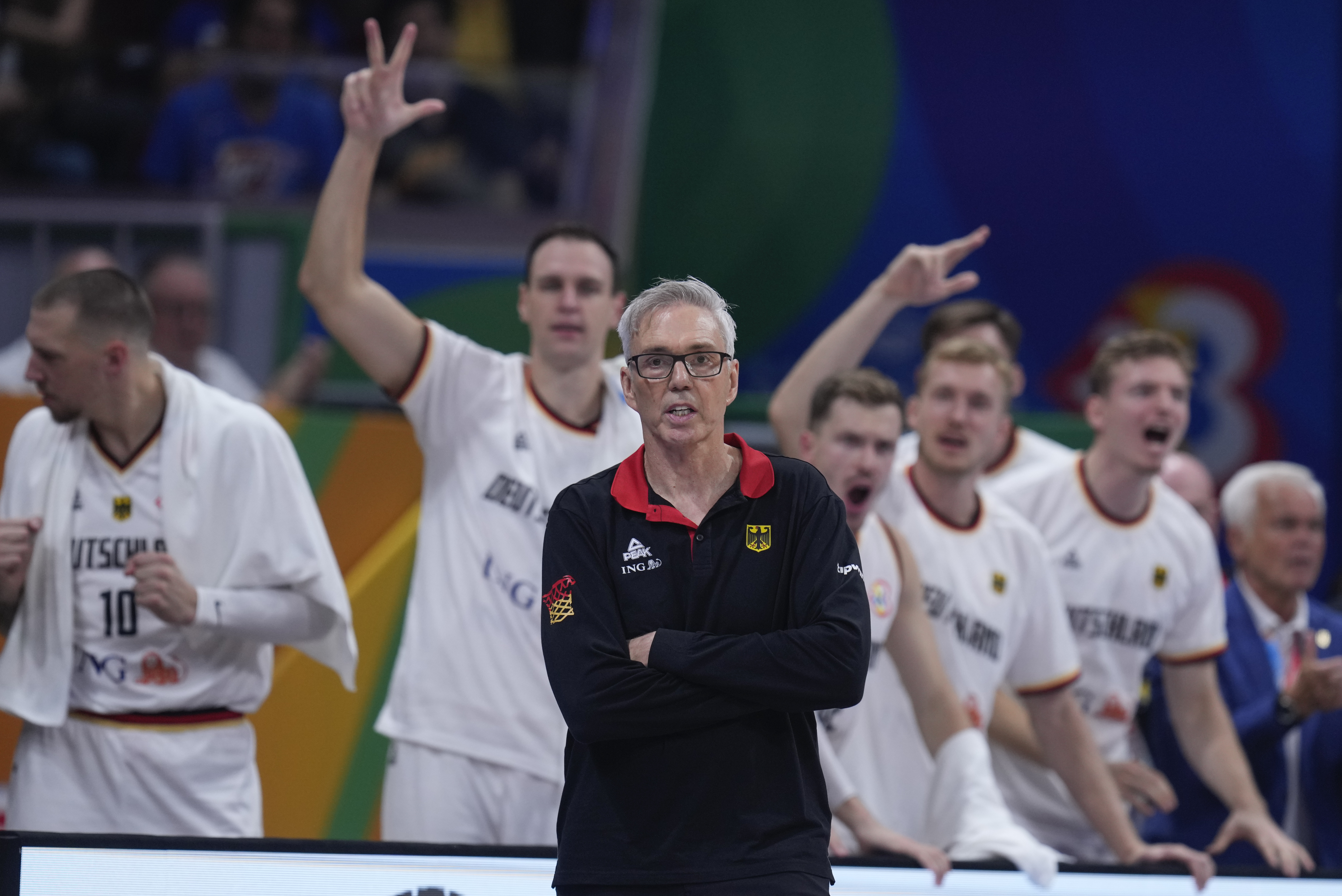 Germany coach Gordie Herbert watches play during the Basketball World Cup quarterfinal between Germany and Latvia in Manila, Philippines, Wednesday, Sept. 6, 2023. 