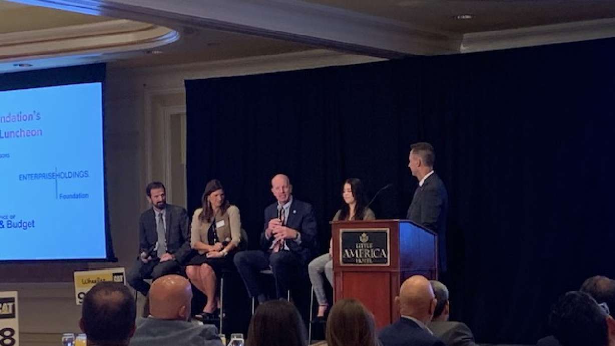 Speakers at Utah Foundation's 2023 annual luncheon discuss education in Utah. From left to right, Jared Haines, of the Utah System of Higher Education; and Michelle Camacho, a University of Utah dean; Granite School District Superintendent Richard Nye, U. student Nevaeh Olmedo, and Weber State President Brad Mortensen.