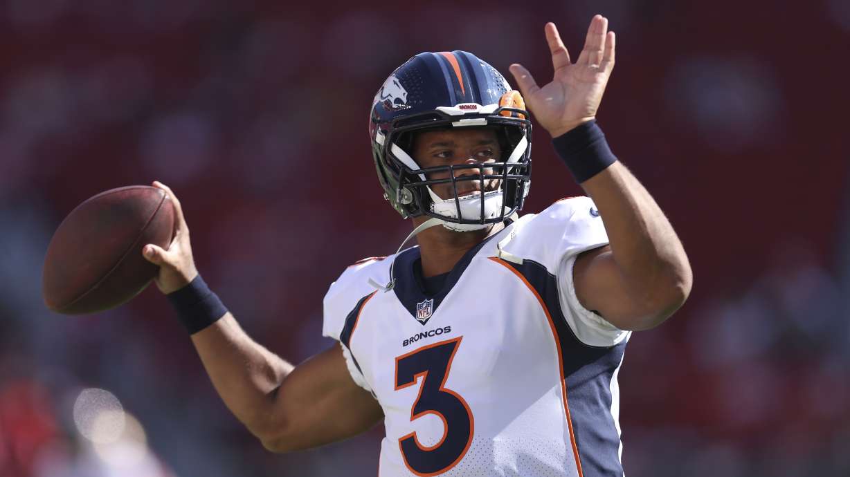 Denver Broncos quarterback Russell Wilson (3) warms up before an NFL preseason football game against the San Francisco 49ers in Santa Clara, Calif., Saturday, Aug. 19, 2023.