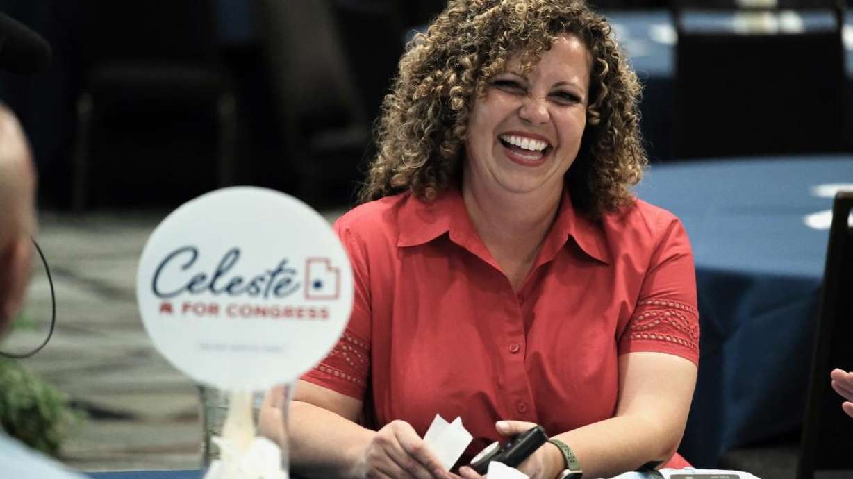 Celeste Maloy, candidate for Rep. Chris Stewart’s 2nd Congressional District seat, laughs Tuesday evening at a campaign party in Cedar City. The Associated Press called the race for Maloy Wednesday afternoon.