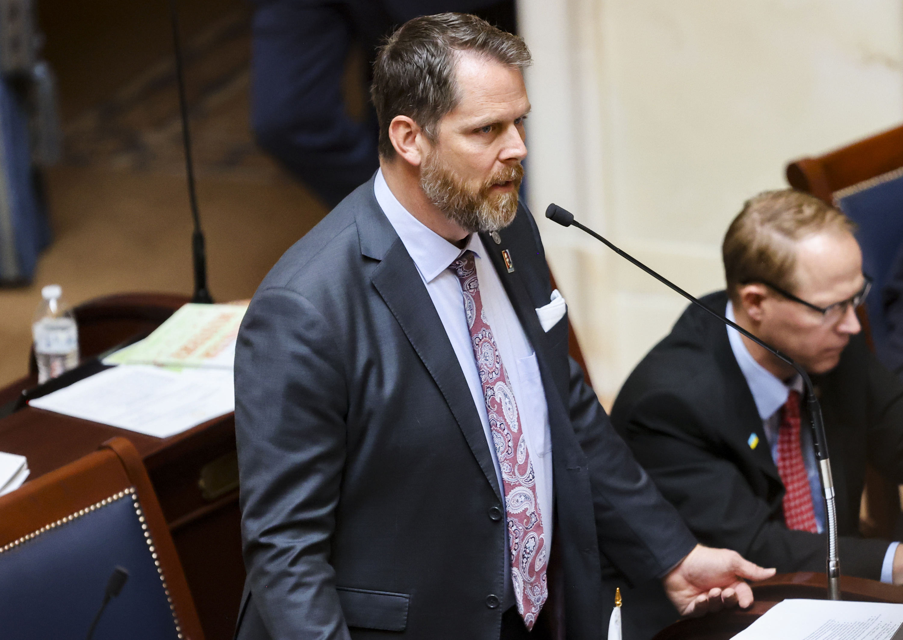 Sen. Jake Anderegg, R-Lehi, speaks on the Senate floor at the Capitol in Salt Lake City on March 3, 2022. Anderegg announced his resignation on Thursday.