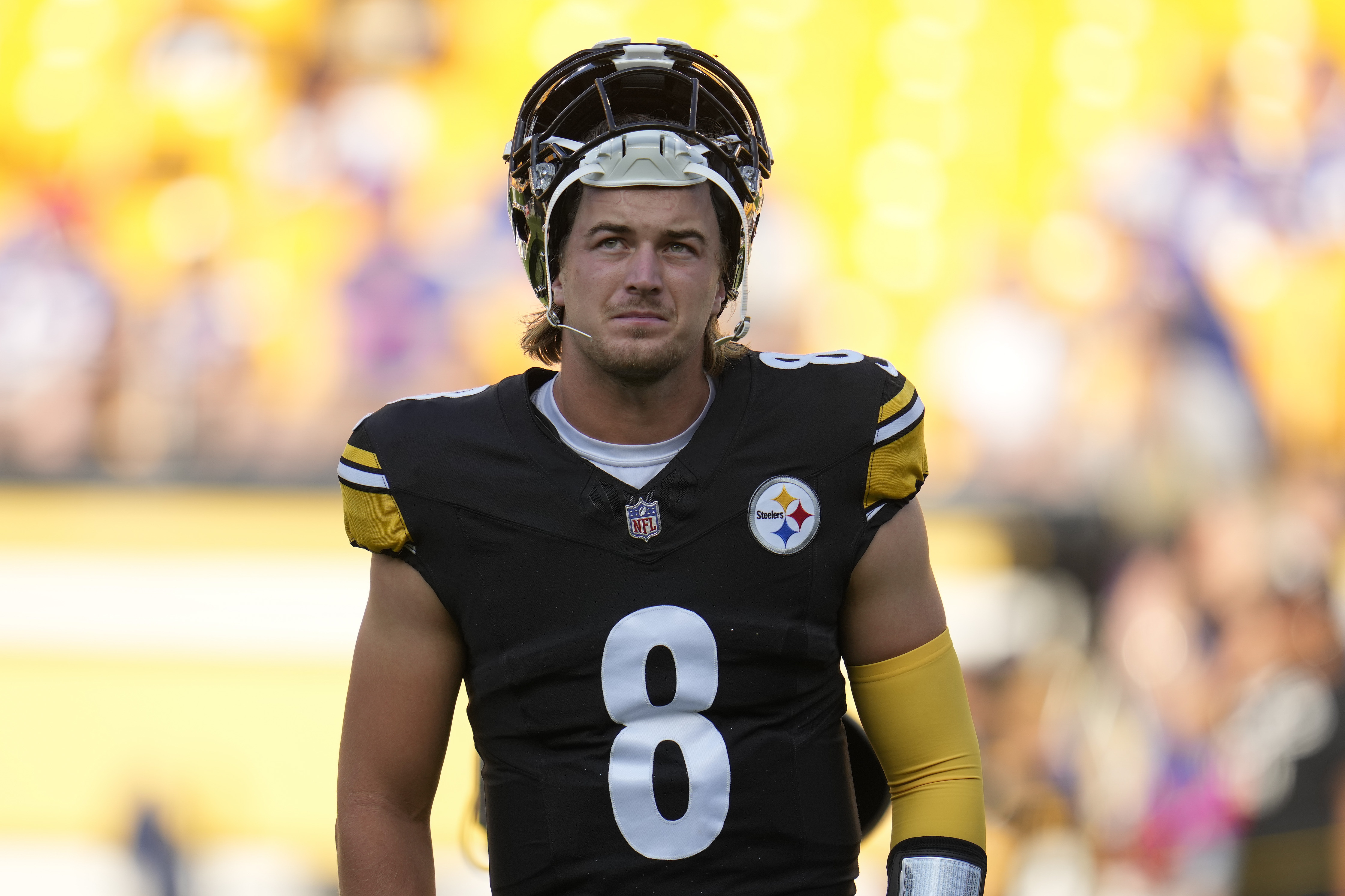 Pittsburgh Steelers quarterback Kenny Pickett (8) warms up before an NFL preseason football game against the Buffalo Bills, in Pittsburgh, Saturday, Aug. 19, 2023.