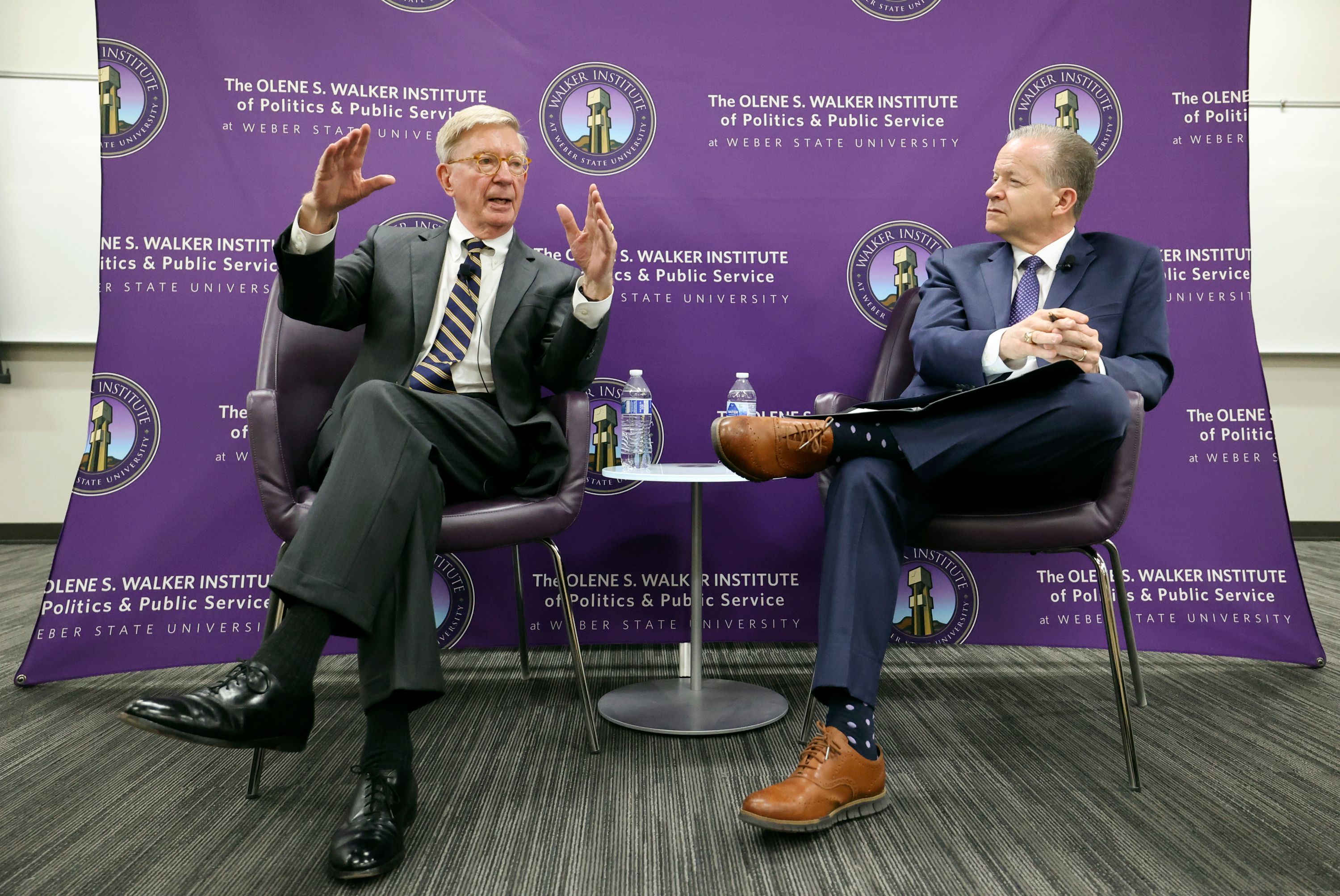 George Will, Pulitzer Prize-winning columnist, talks with KSL NewsRadio host Boyd Matheson during an event hosted by Weber State University’s Olene S. Walker Institute of Politics and Public Service in honor of Constitution Day at Weber State University in Ogden on Wednesday.