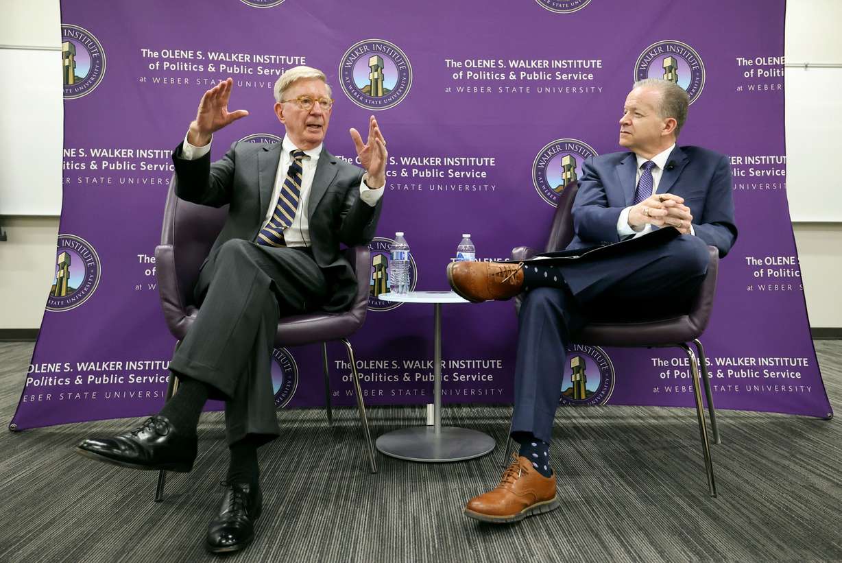 George Will, Pulitzer Prize-winning columnist, talks with KSL NewsRadio host Boyd Matheson during an event hosted by Weber State University’s Olene S. Walker Institute of Politics and Public Service in honor of Constitution Day at Weber State University in Ogden on Wednesday.