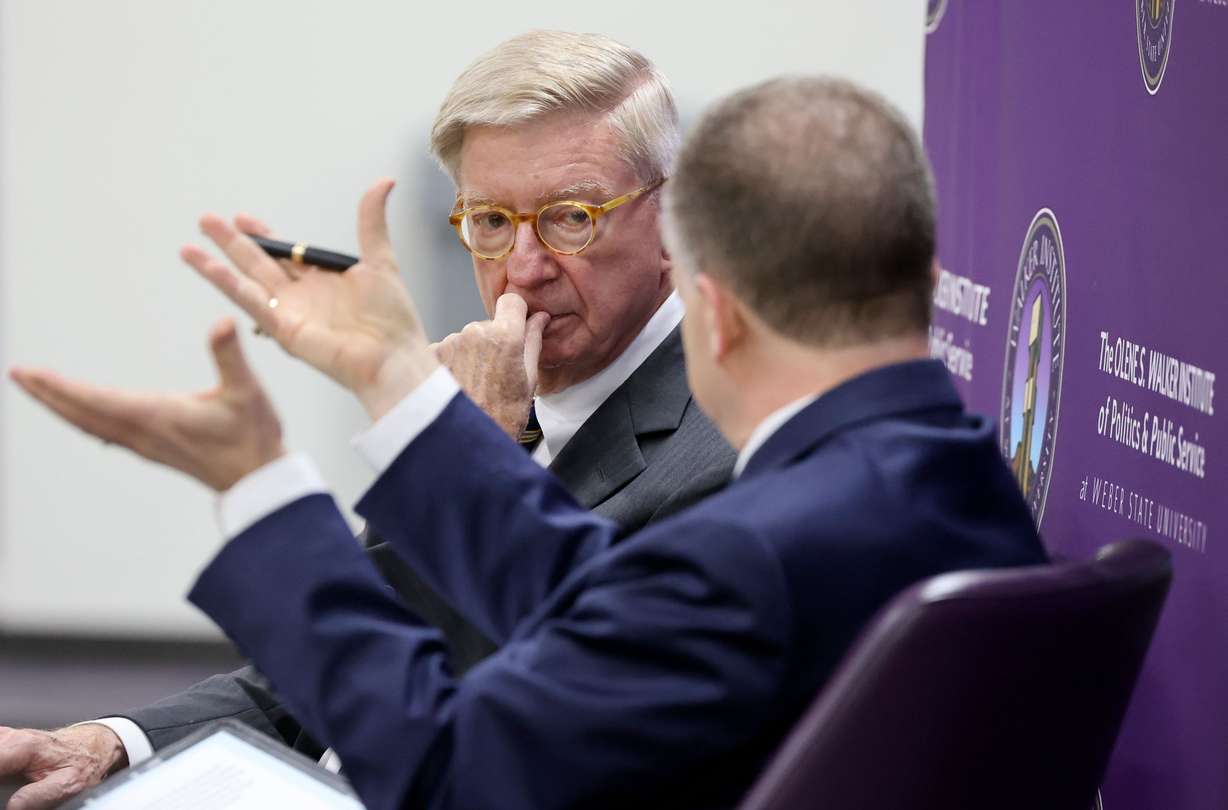 George Will, Pulitzer Prize-winning columnist, listens to KSL NewsRadio host Boyd Matheson during an event at Weber State University in Ogden on Wednesday. The talk, hosted by Weber State University’s Olene S. Walker Institute of Politics and Public Service, was held in honor of Constitution Day.