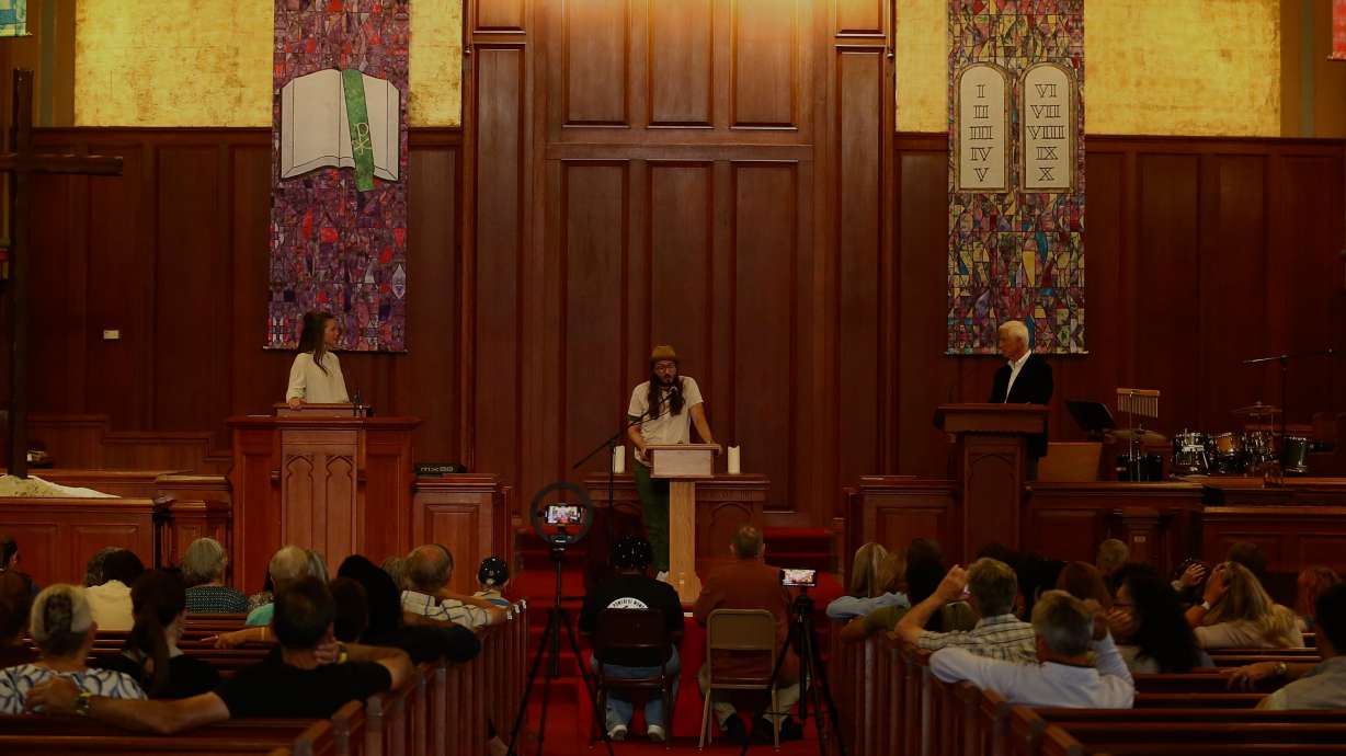 Salt Lake City Mayor Erin Mendenhall, Michael Valentine and Rocky Anderson participate in a mayoral candidate forum on housing and homelessness Wednesday.