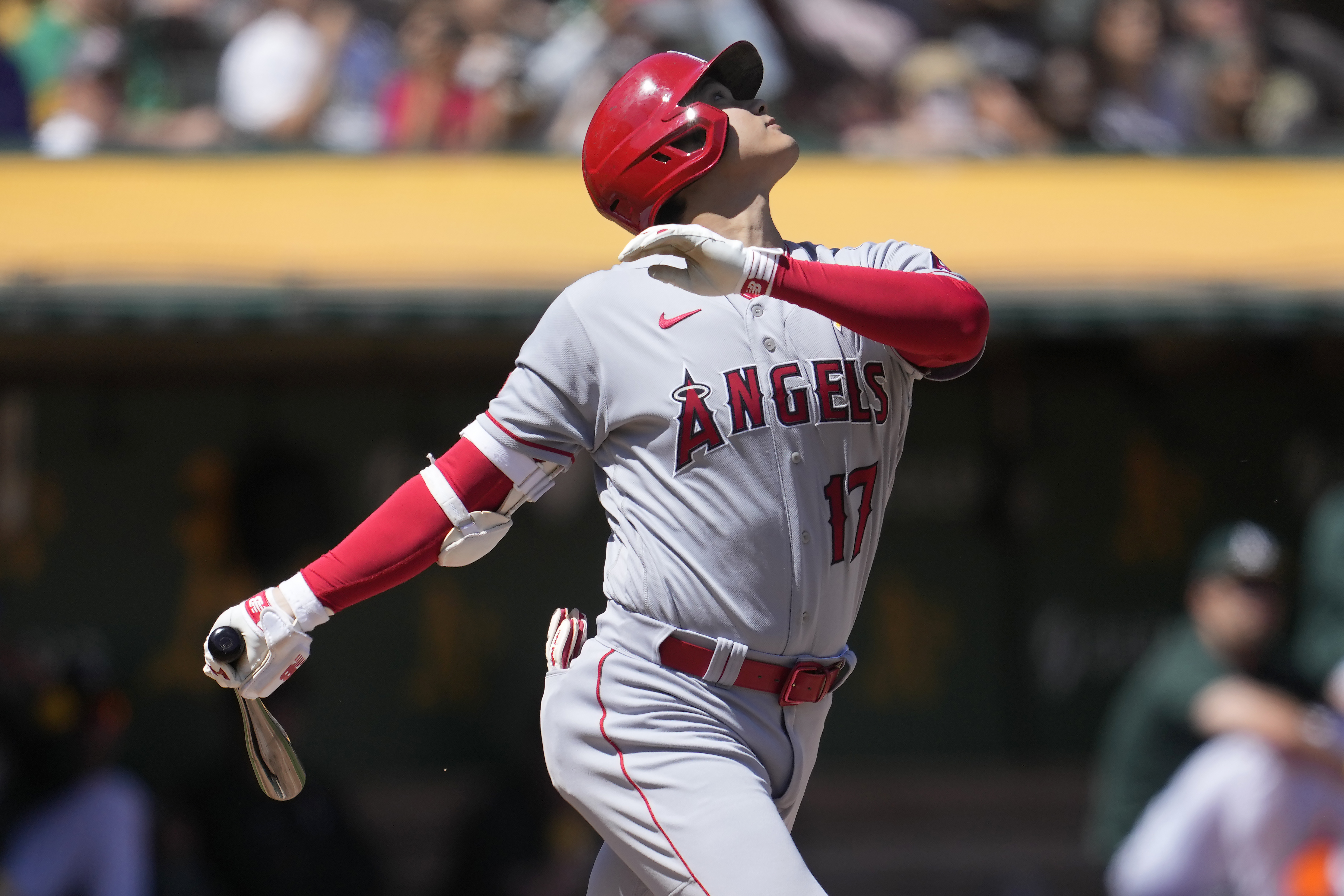 Los Angeles Angels' Shohei Ohtani pops out against the Oakland Athletics during the third inning of a baseball game in Oakland, Calif., Sunday, Sept. 3, 2023. 