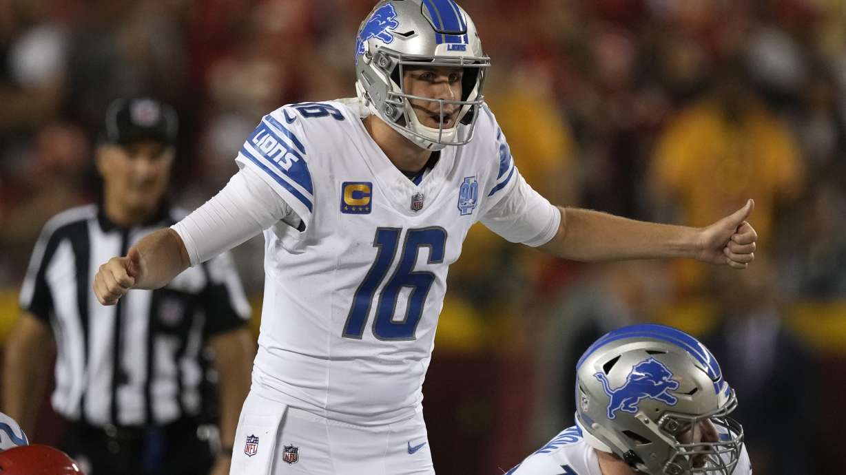 Detroit Lions quarterback Jared Goff signals on the line of scrimmage during the first half of an NFL football game against the Kansas City Chiefs Thursday, Sept. 7, 2023, in Kansas City, Mo.