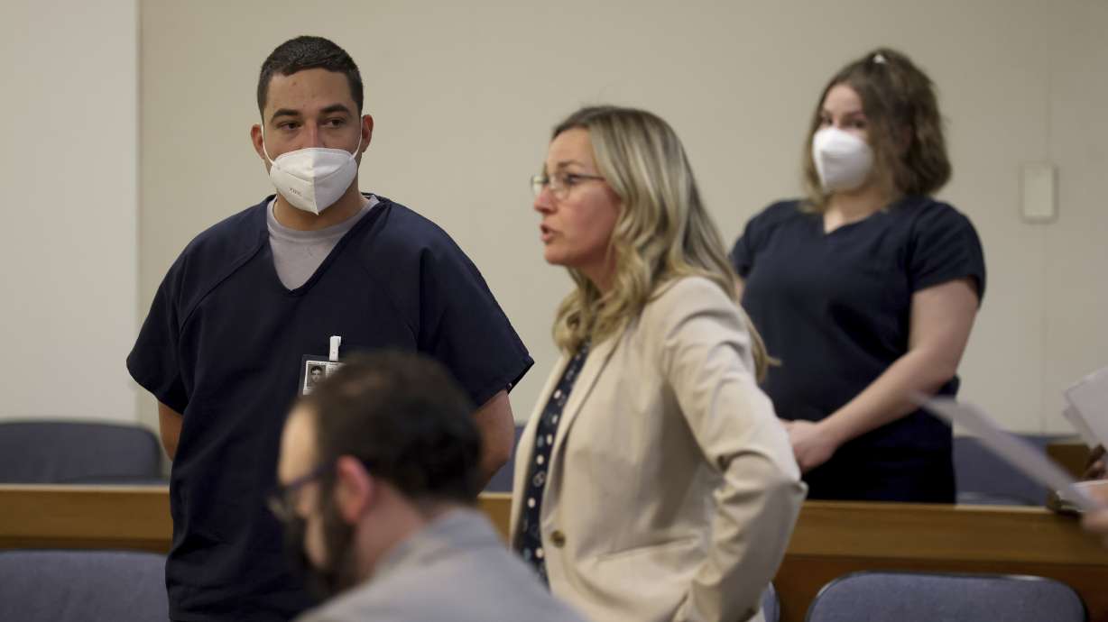 Evan Frostick, left, and Madison Bernard, right, both charged with murder and child cruelty in the death of their daughter, Charlotte Frostick, appear before a judge on Sept. 1, 2022, at the Sonoma County Superior Court in Santa Rosa, Calif. They are part of a growing number of parents across the U.S. prosecutors have charged in the fentanyl overdose deaths of their children since the pandemic started.