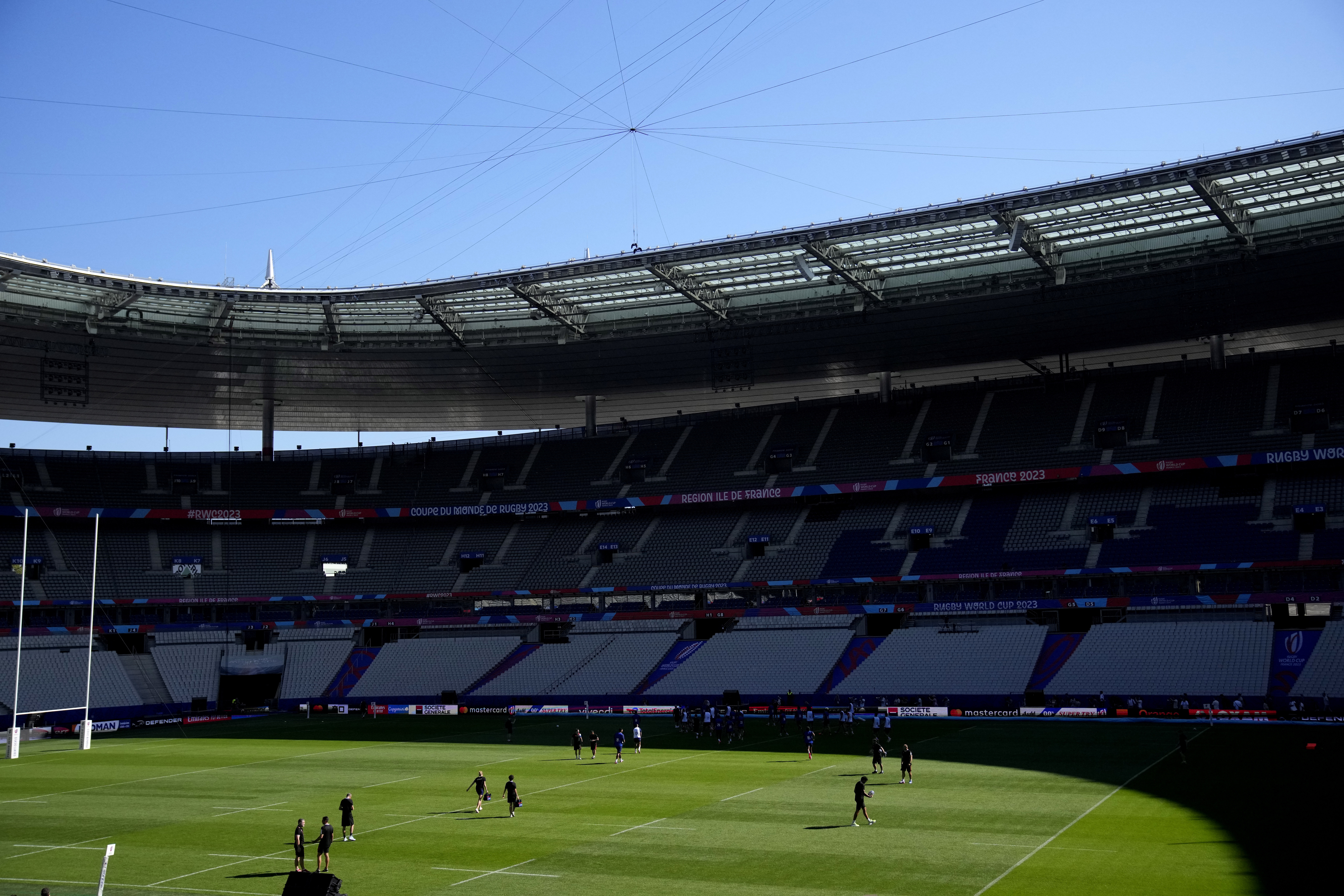 France rugby team players attend a training session on the eve of their Rugby World Cup Pool A match against New Zealand, at the Stade de France in Saint-Denis, north of Paris, Thursday, Sept. 7, 2023. 