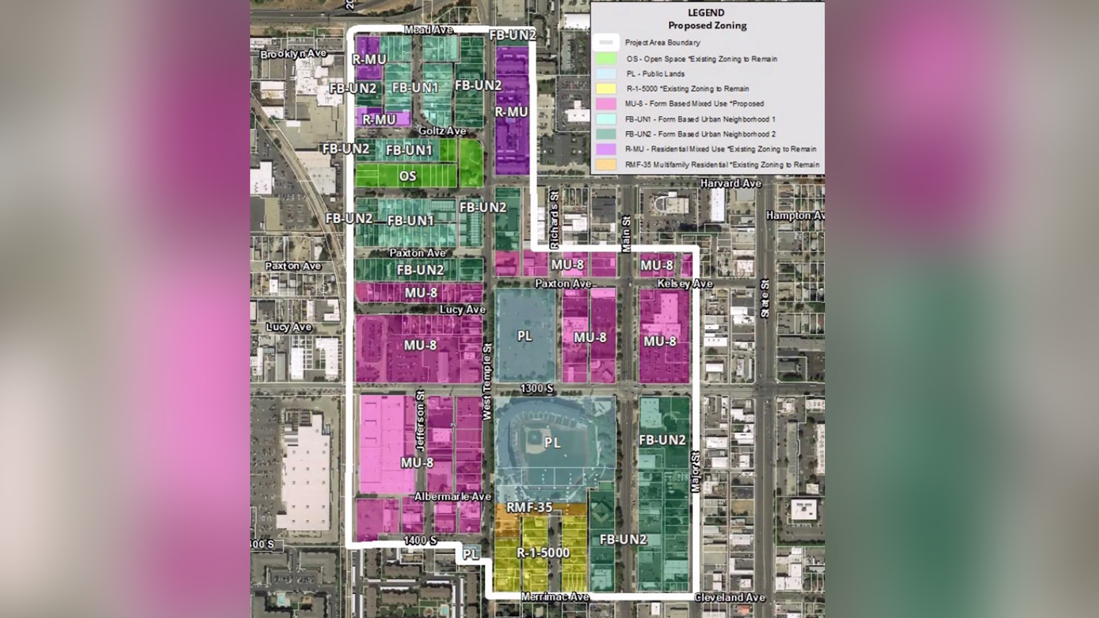 This map shows the Salt Lake City Planning Division's proposed rezone for a section of the Ballpark neighborhood near Smith's Ballpark. The proposal may reach the city council by the end of the year.