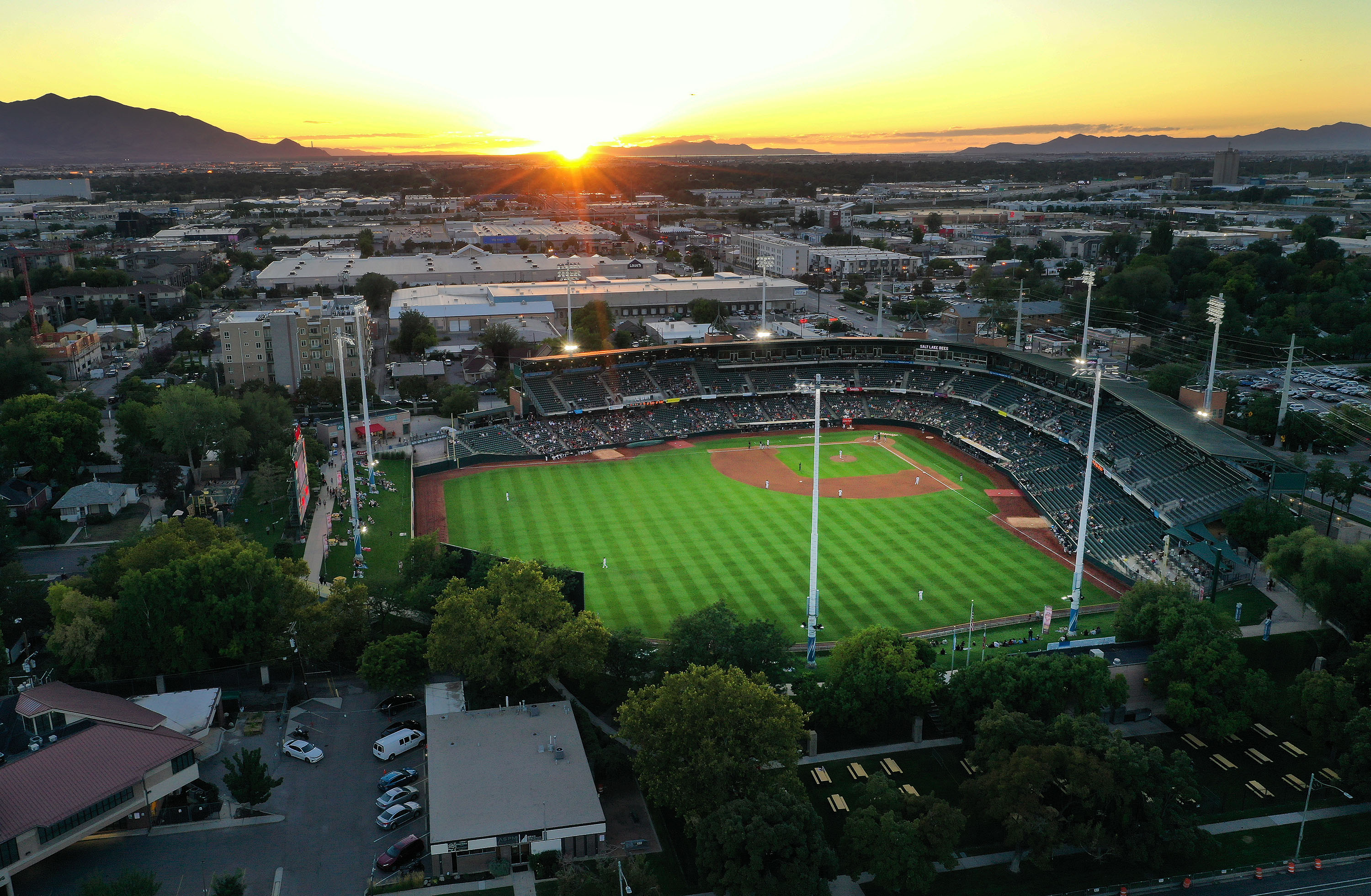 The Salt Lake Bees play a game with the Tacoma Rainiers at Smith’s Ballpark in Salt Lake City on Thursday. Salt Lake City is looking to rezone a central part of the Ballpark neighborhood to increase density in the neighborhood, located south of downtown.