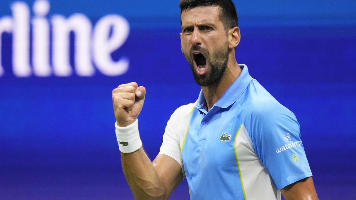 Novak Djokovic, of Serbia, reacts during a match against Ben Shelton, of the United States, during the men's singles semifinals of the U.S. Open tennis championships, Friday, Sept. 8, 2023, in New York.