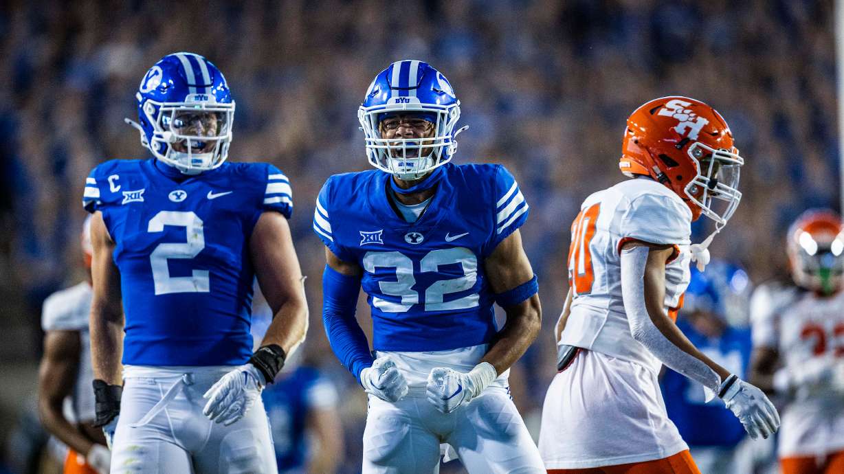 BYU cornerback Marcus McKenzie celebrates after making a tackle on special teams during the Cougars' 14-0 win over Sam Houston, Saturday, Sept. 2, 2023, at LaVell Edwards Stadium.
