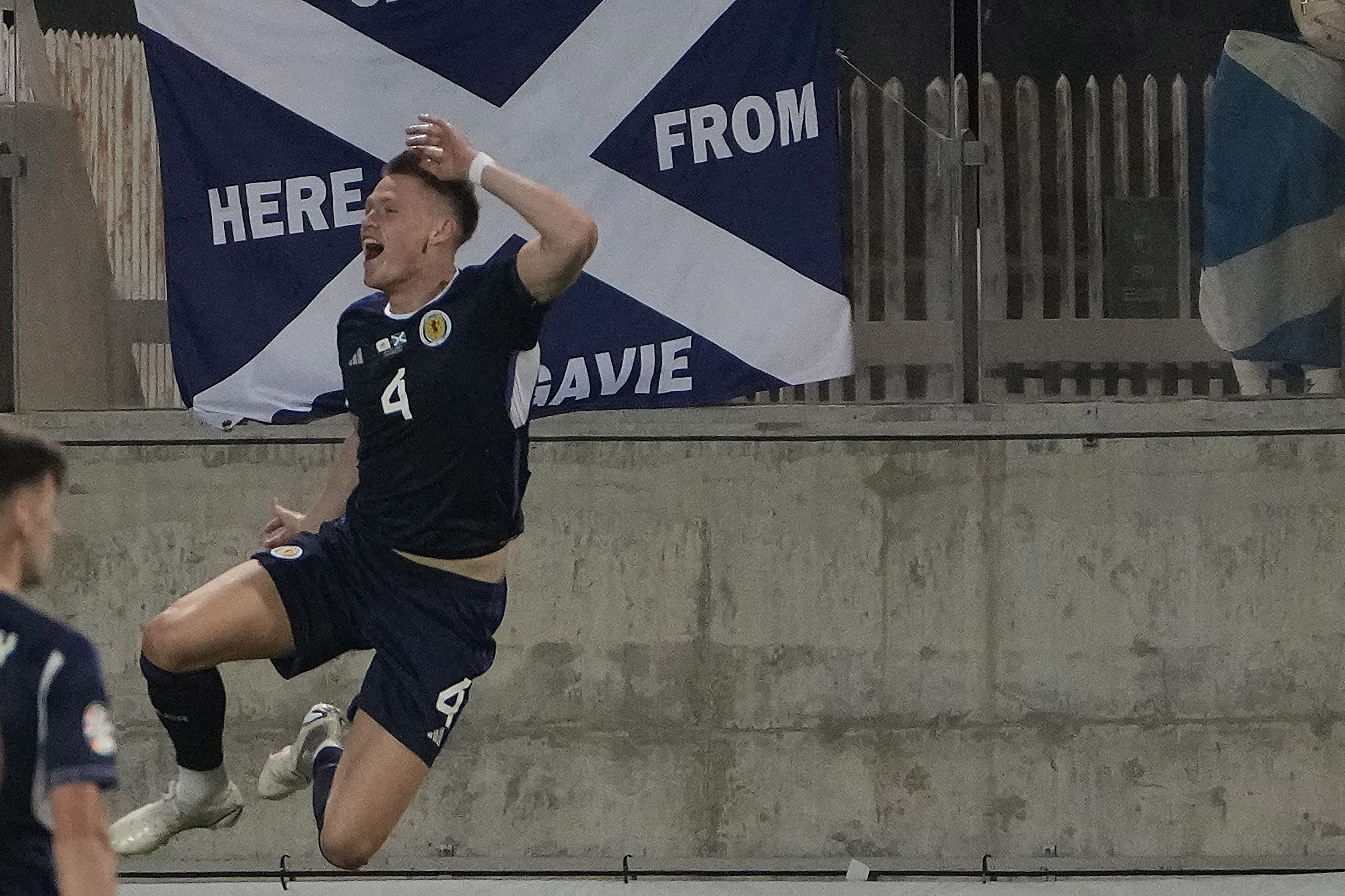 Scotland's Scott McTominay celebrates after scoring against Cyprus during the Euro 2024 group A qualifying soccer match between Cyprus and Scotland at AEK arena stadium in Larnaca, Cyprus, Friday, Sept. 8, 2023. 