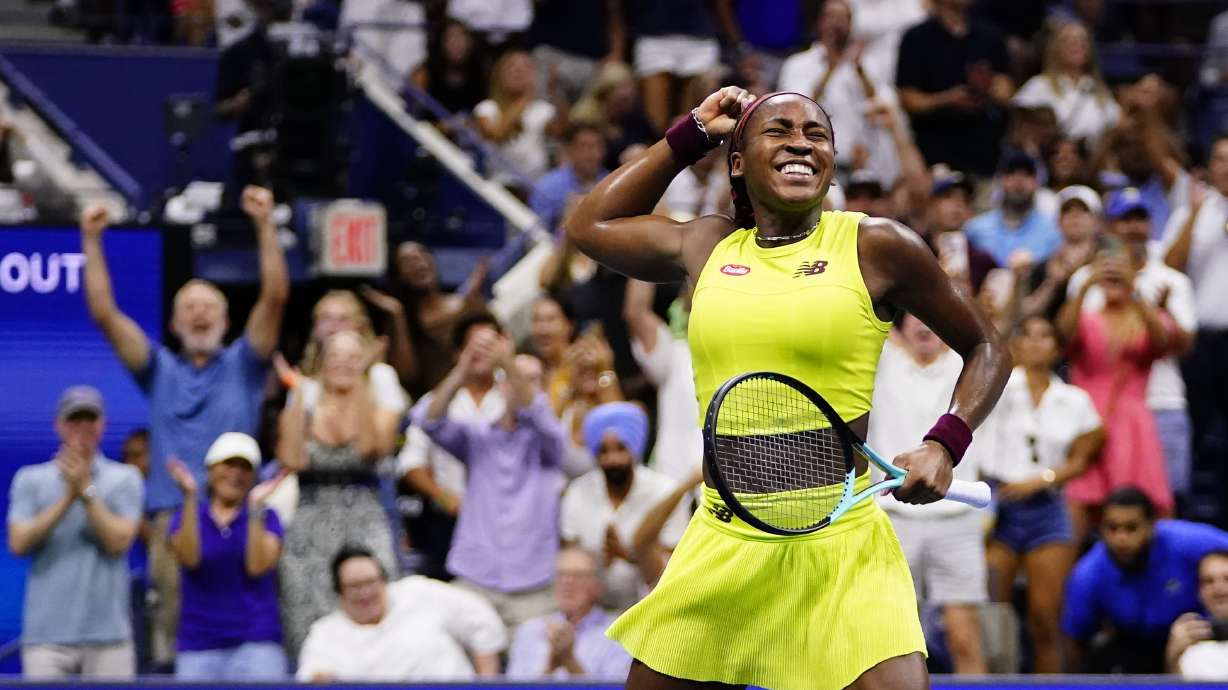 Coco Gauff, of the United States, celebrates her win against Karolina Muchova, of the Czech Republic, during the women's singles semifinals of the U.S. Open tennis championships, Thursday, Sept. 7, 2023, in New York.