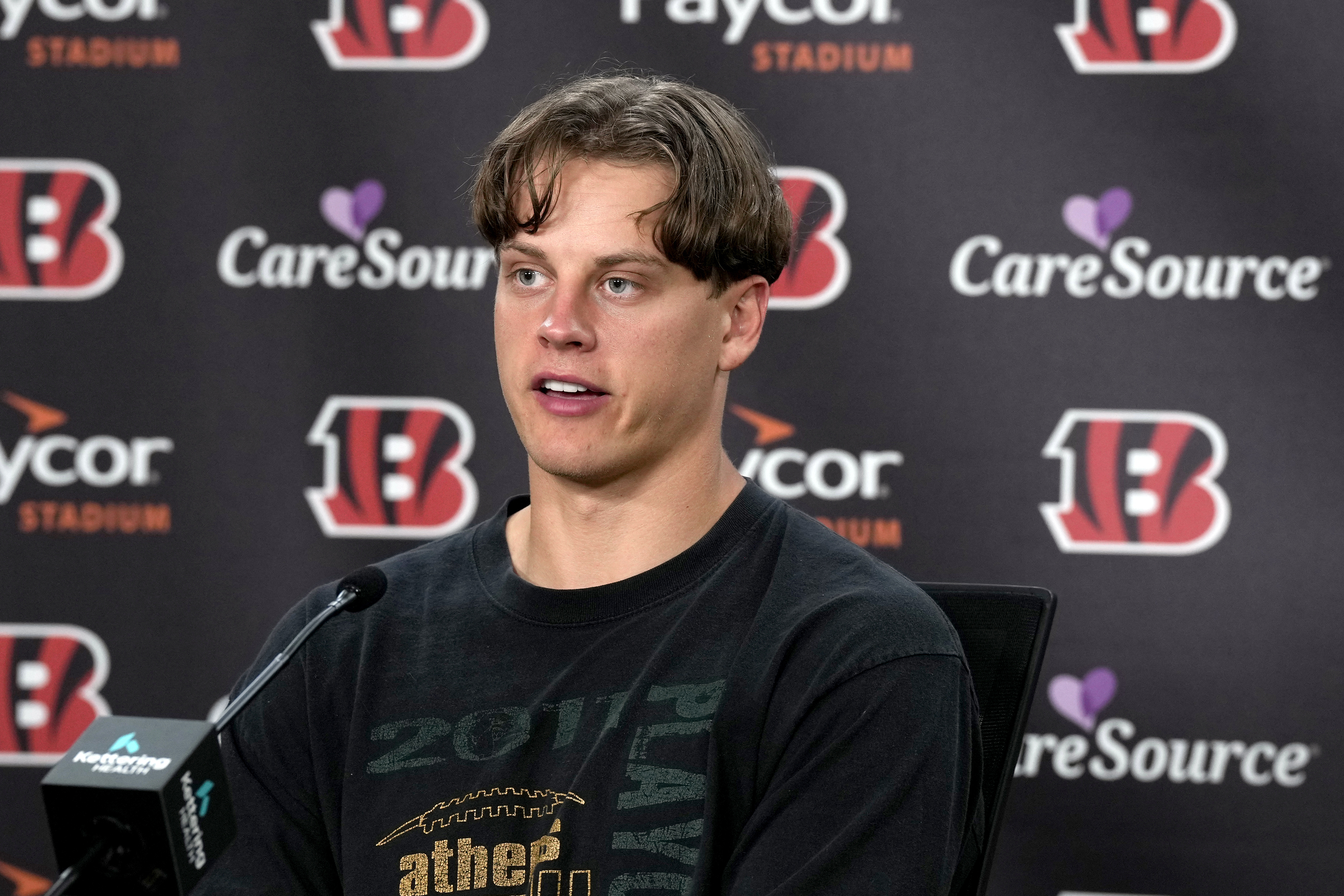 Cincinnati Bengals quarterback Joe Burrow speaks during an NFL football news conference, Saturday, Sept. 9, 2023, at Paycor Stadium in Cincinnati. Burrow became the highest-paid player in the NFL when he agreed to a five-year, $275 million contract extension with the Bengals.
