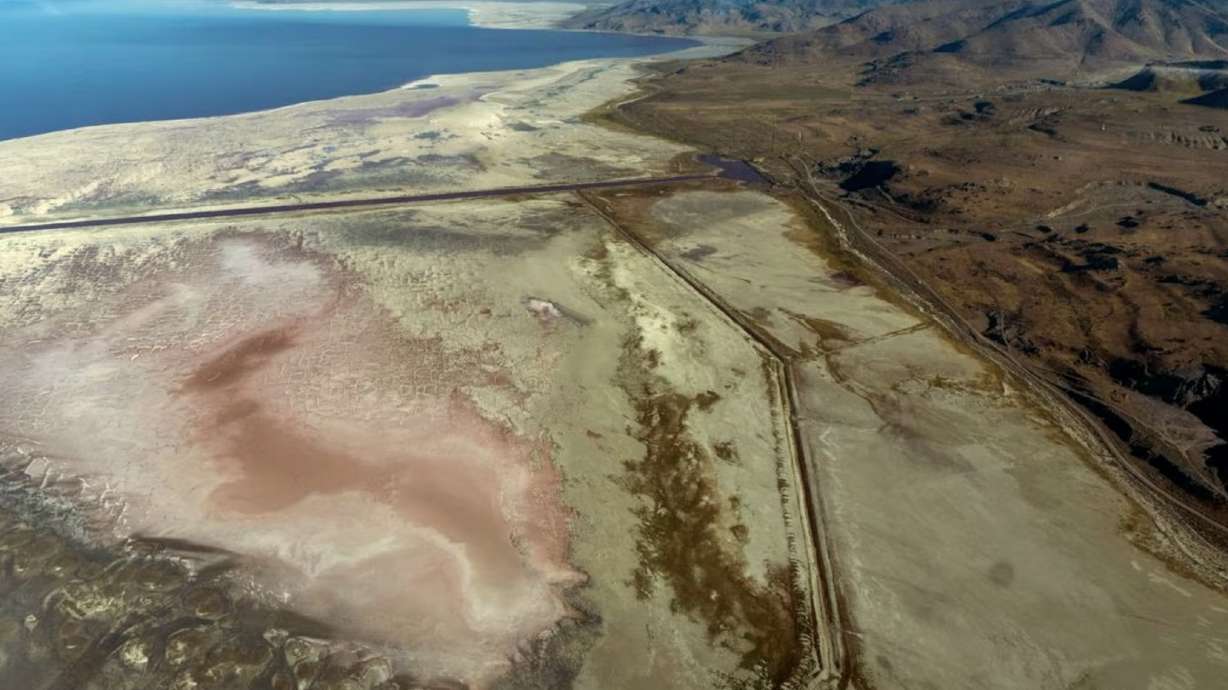 A brine pool on the Great Salt Lake's Promontory Point, where company Waterleaf Resources has indicated it would like pull water for lithium extraction, seen on Tuesday.