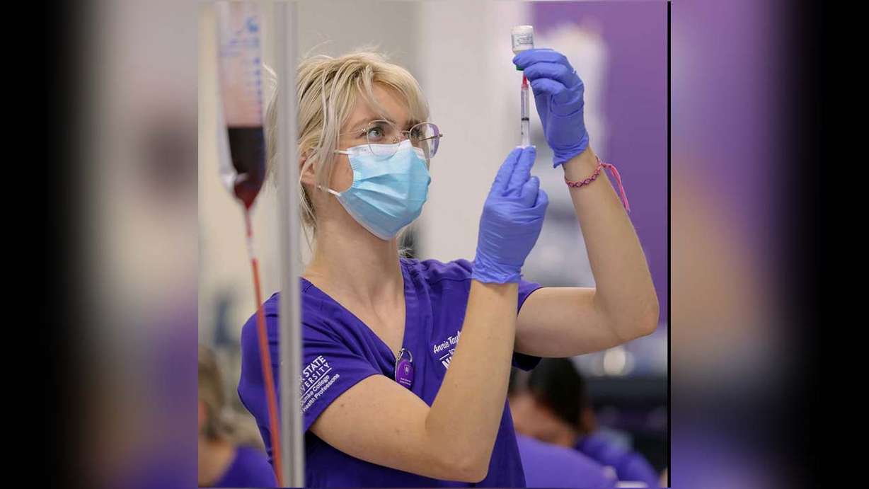 Nursing student Tia Judd works in the simulation lab in the Marriott Health Building at Weber State University in Ogden on Tuesday.