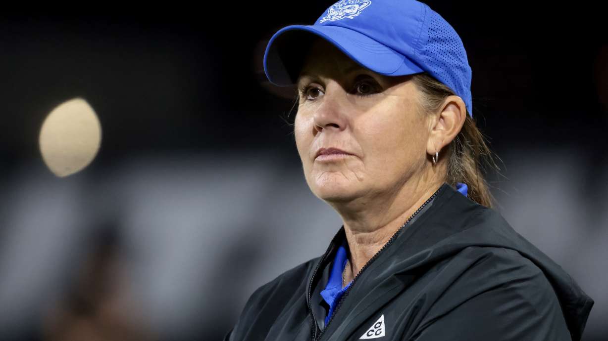 BYU’s head coach Jennifer Rockwood watches the game against Utah at Ute Field in Salt Lake City on Saturday, Sept. 9, 2023.