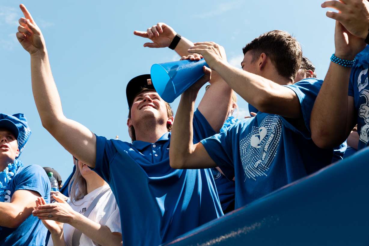The Brigham Young University student section cheers during the football game against the Southern Utah Thunderbirds at LaVell Edwards Stadium in Provo on Saturday, Sept. 9, 2023.