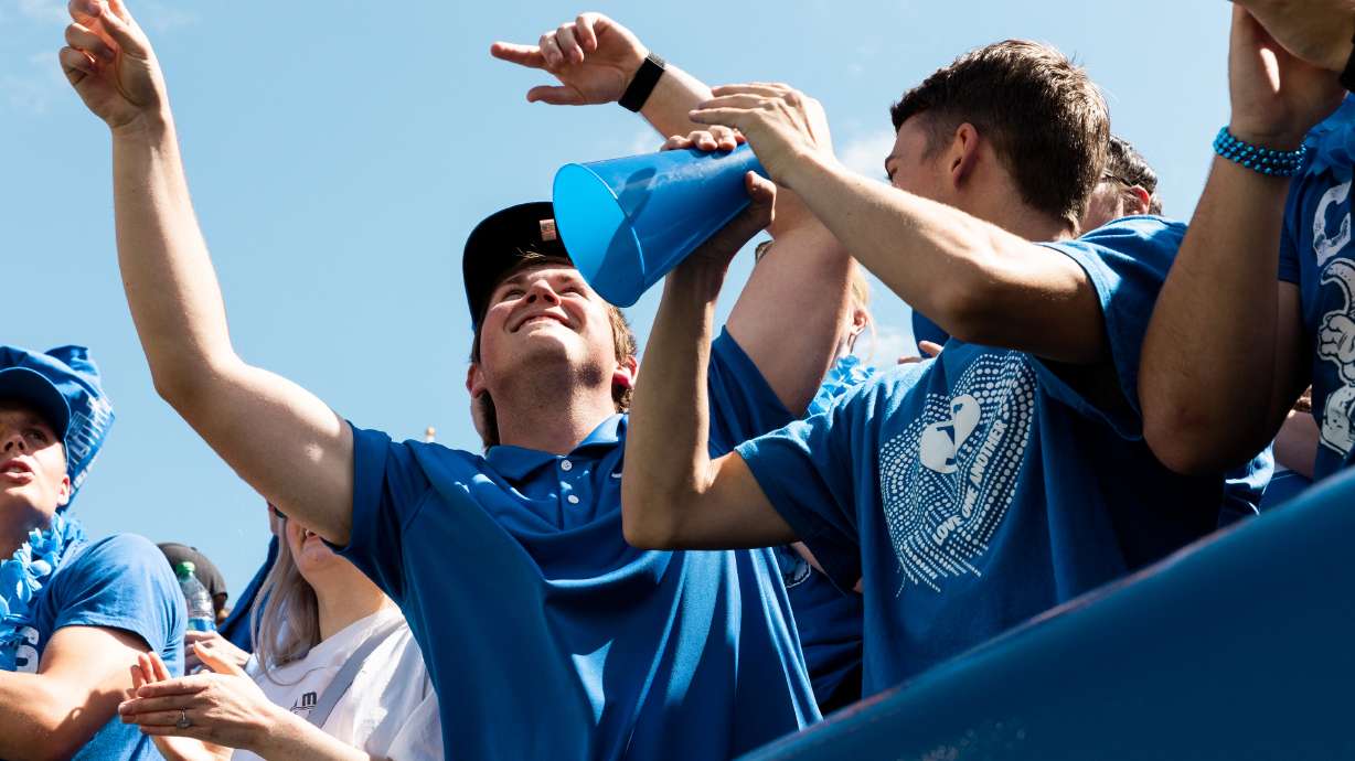 The Brigham Young University student section cheers during the football game against the Southern Utah Thunderbirds at LaVell Edwards Stadium in Provo on Saturday, Sept. 9, 2023.