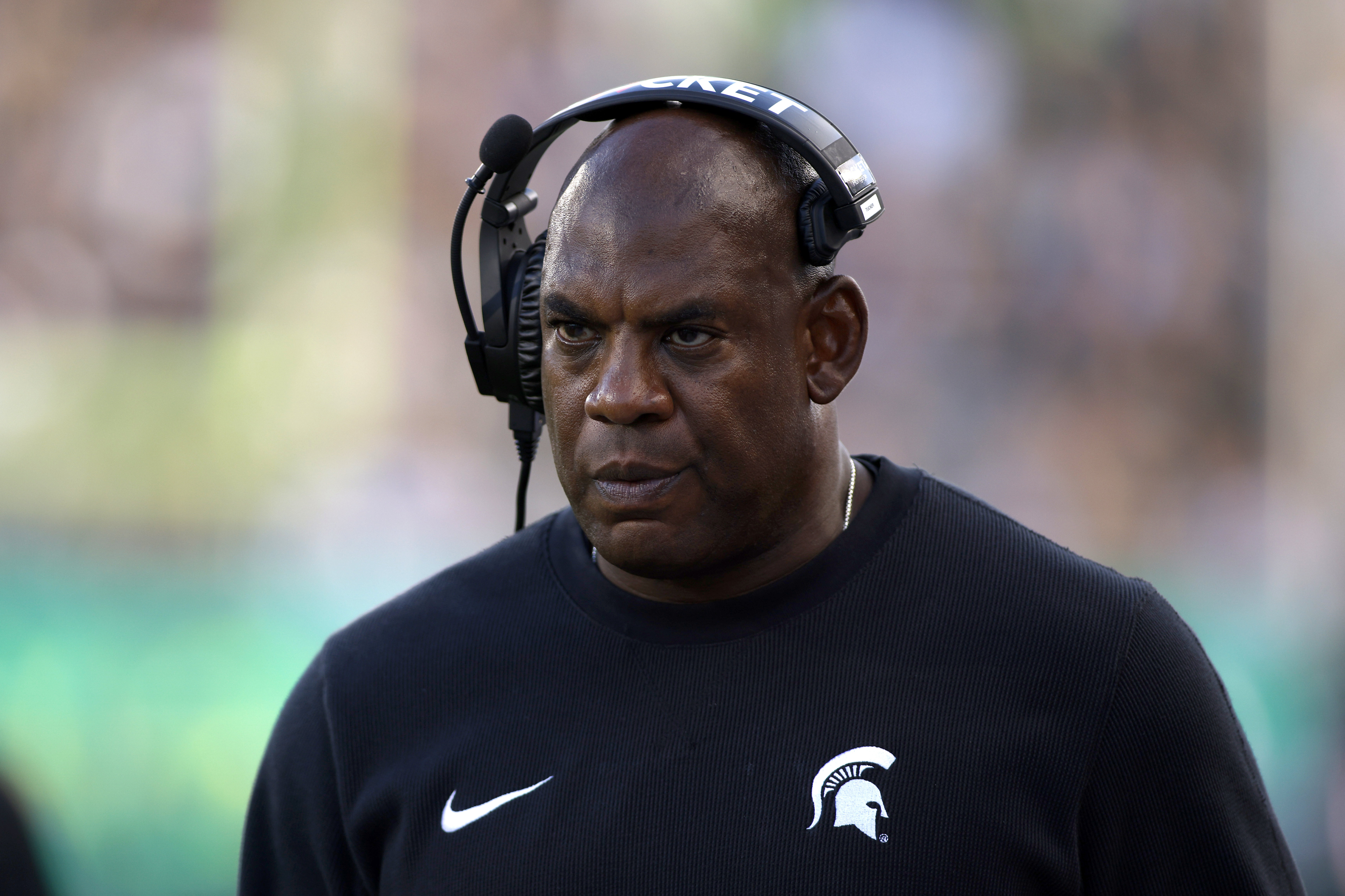 Michigan State coach Mel Tucker walks the sideline during the second half of an NCAA college football game against Richmond, Saturday, Sept. 9, 2023, in East Lansing, Mich. Michigan State won 45-14.