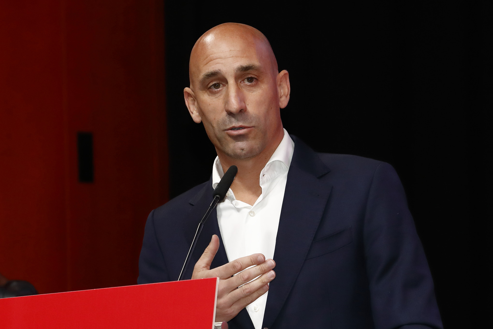 FILE - The president of the Spanish soccer federation Luis Rubiales speaks during an emergency general assembly meeting in Las Rozas, Spain, Friday Aug. 25, 2023. The kiss by Luis Rubiales has unleashed a storm of fury over gender equality that almost marred the unprecedented victory but now looks set to go down as a milestone in both Spanish soccer history but also in women's rights. 