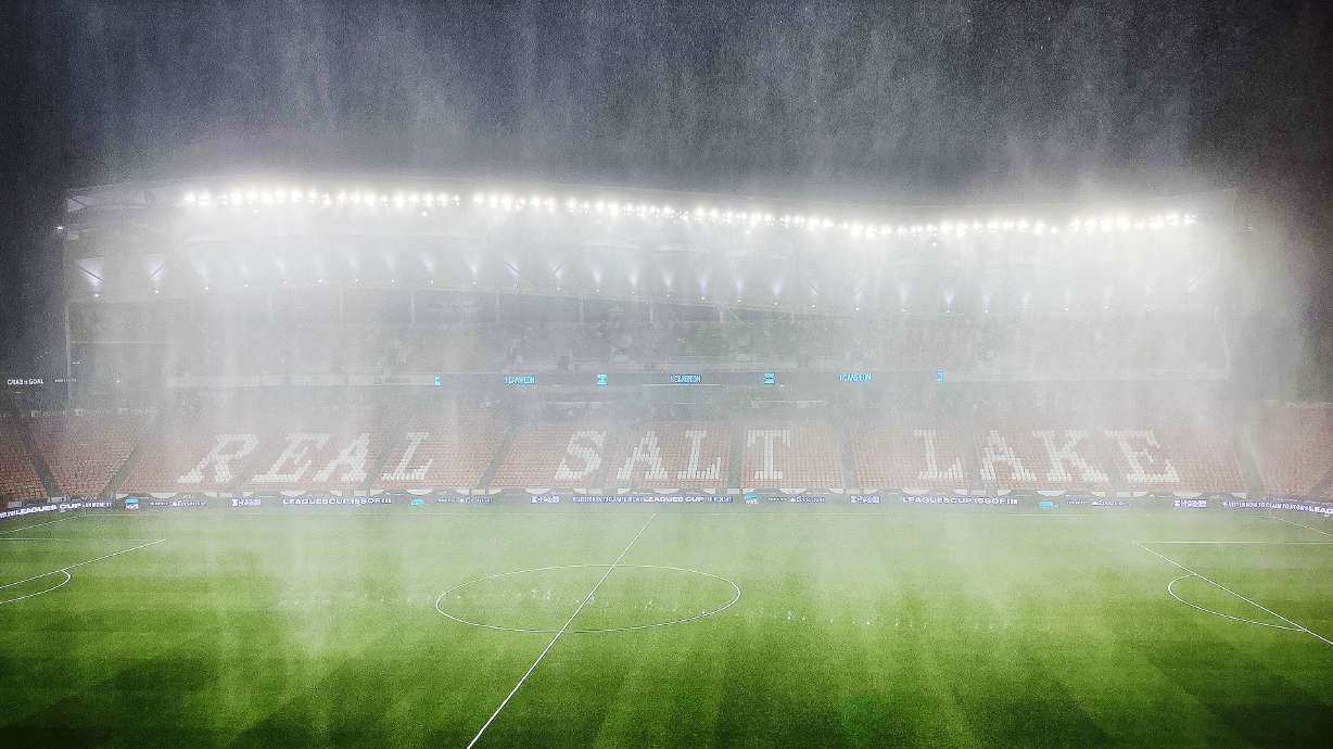 Rain and thunderstorms engulf America First Field during lightning delays for a Real Salt Lake game in Sandy on Aug. 3. Last month was the 14th wettest August on record in Utah, according to federal climate data released Monday.