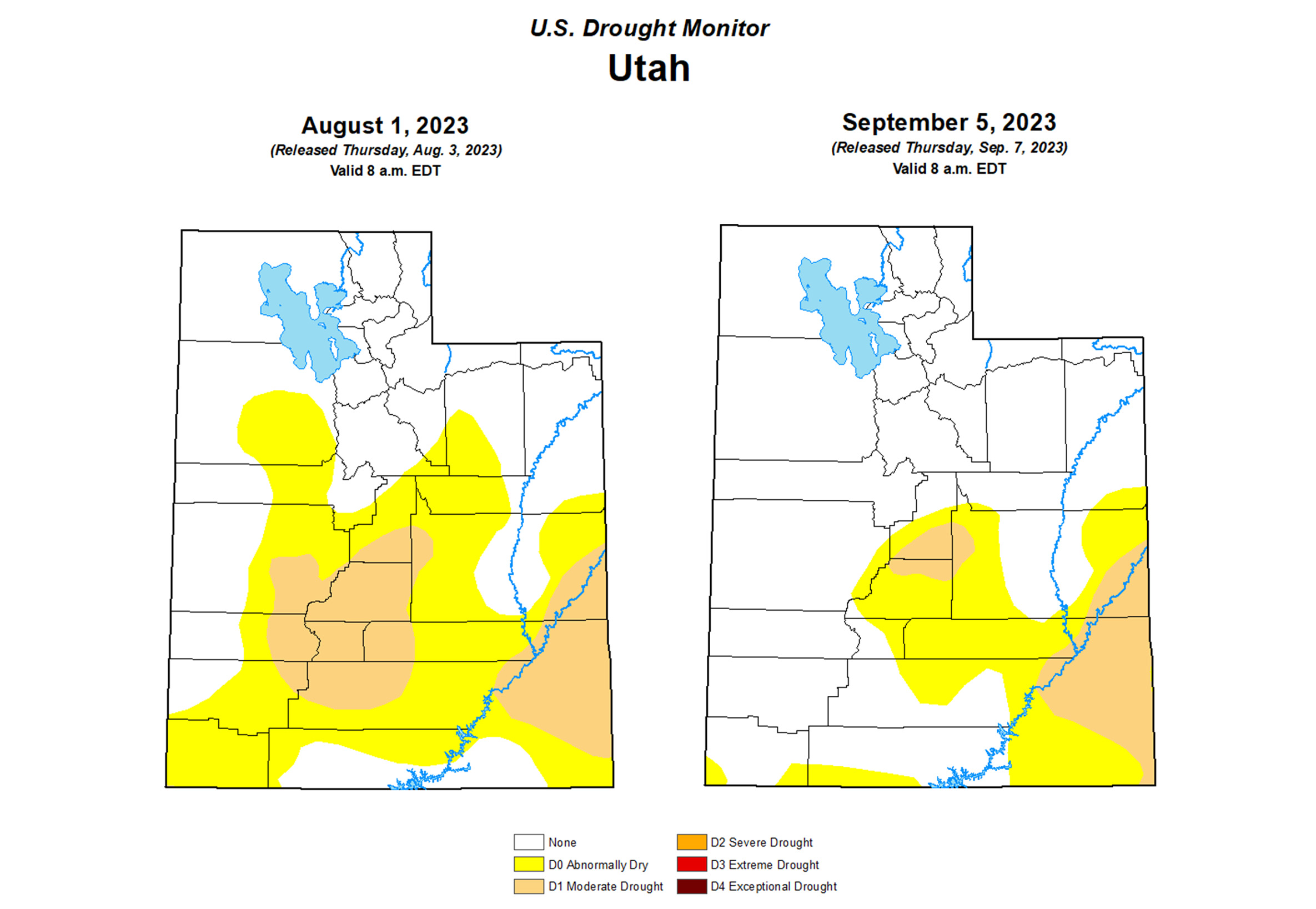 These maps show Utah's drought conditions on Aug. 1 compared to Sept. 5, the U.S. Drought Monitor's first report after August. The percentage of Utah either in drought or abnormally dry dropped significantly in August.