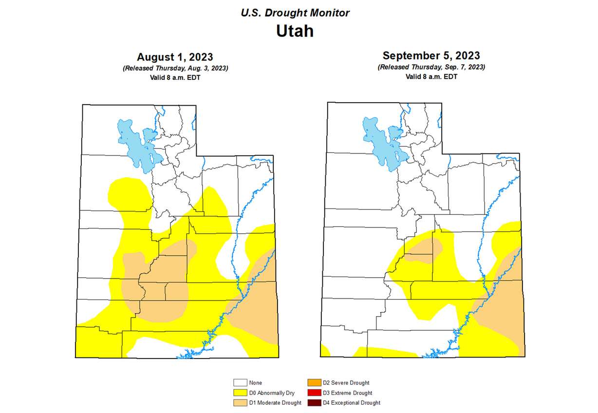 These maps show Utah's drought conditions on Aug. 1 compared to Sept. 5, the U.S. Drought Monitor's first report after August. The percentage of Utah either in drought or abnormally dry dropped significantly in August.