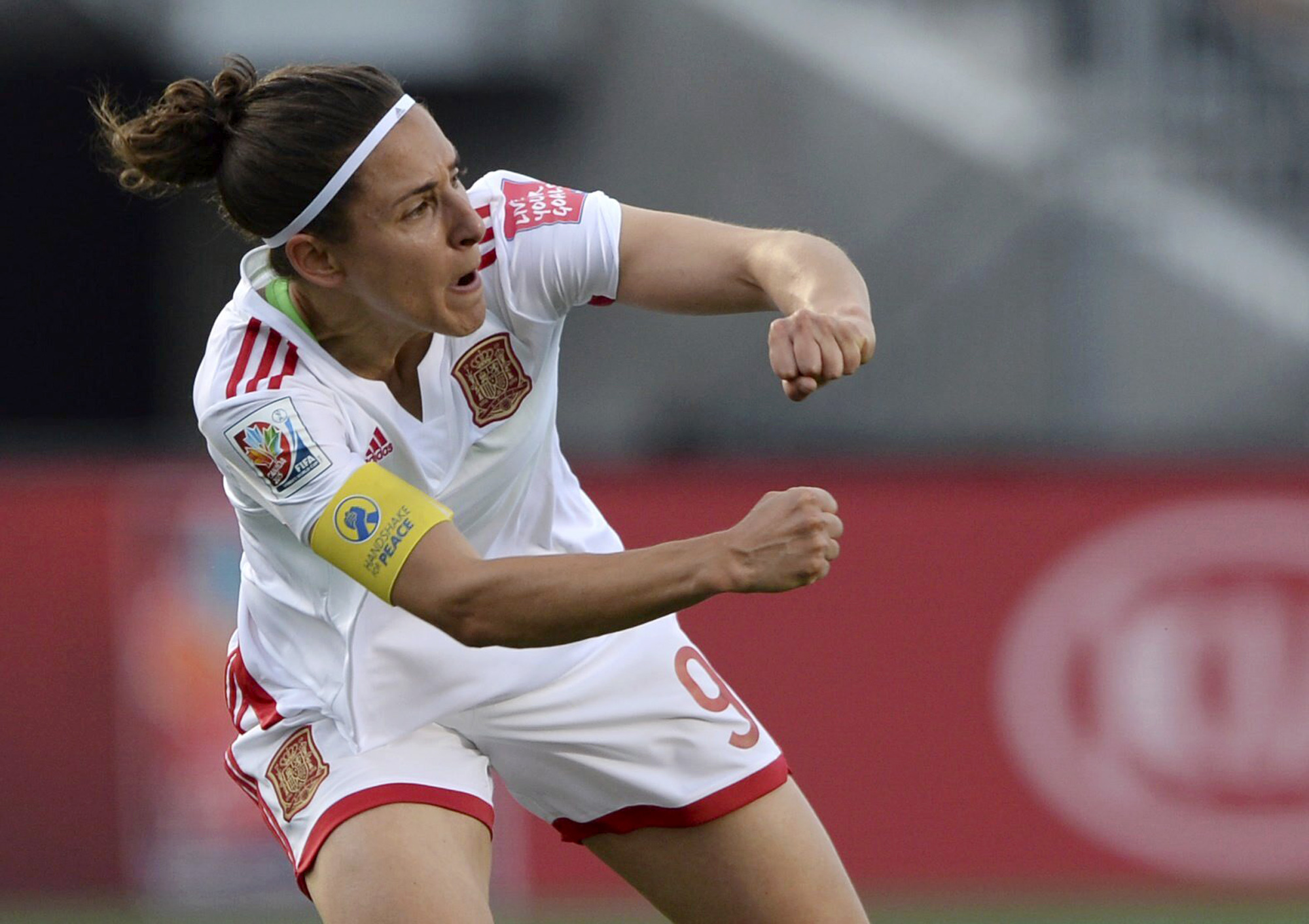FILE - Spain's Veronica Boquete celebrates after scoring a goal against the South Korea during the first half of a FIFA Women's World Cup soccer match, Wednesday, June 17, 2015 in Ottawa, Ontario, Canada. European soccer body UEFA has hosted a storied group of women players and coaches for a conference Monday, Sept. 11, 2023 to help shape a brighter future for their game. It was held one day after disgraced Spanish official Luis Rubiales resigned from his leadership jobs including as a UEFA vice president.
