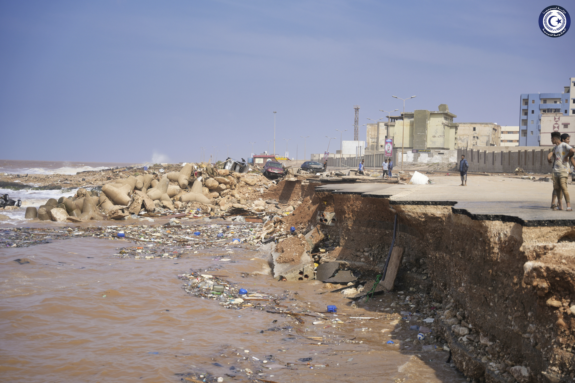 A seaside road is collapsed after heavy flooding in Derna, Libya, on Monday. Mediterranean storm Daniel caused devastating floods in Libya that broke dams, swept away entire neighborhoods and wrecked homes in the east of the North African nation.