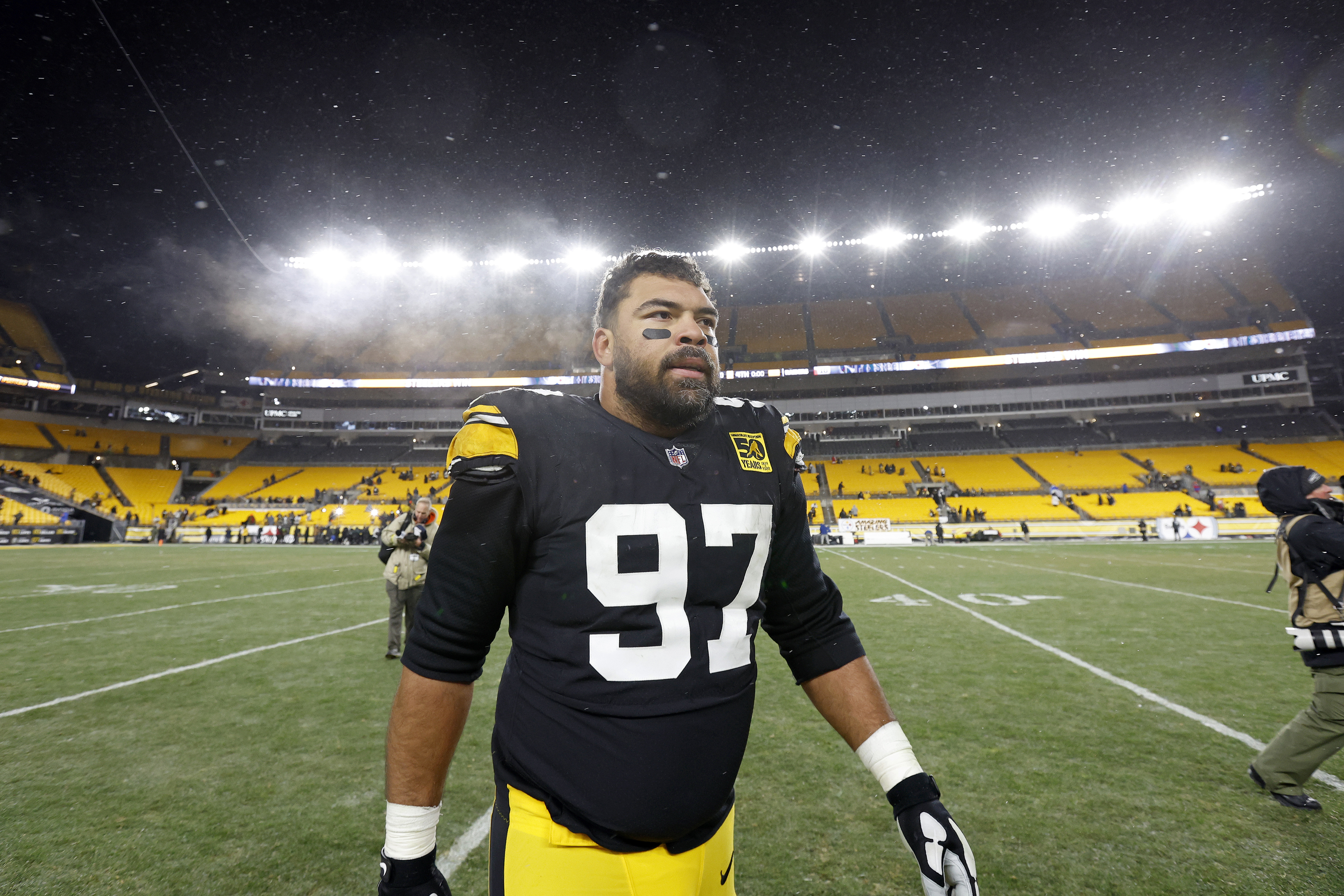 FILE - Pittsburgh Steelers defensive tackle Cameron Heyward (97) after an NFL football game against the Las Vegas Raiders, Sunday, Dec. 24, 2022, in Pittsburgh. Heyward suffered a groin injury in a season-opening loss to San Francisco and will be out an extended period of time. 