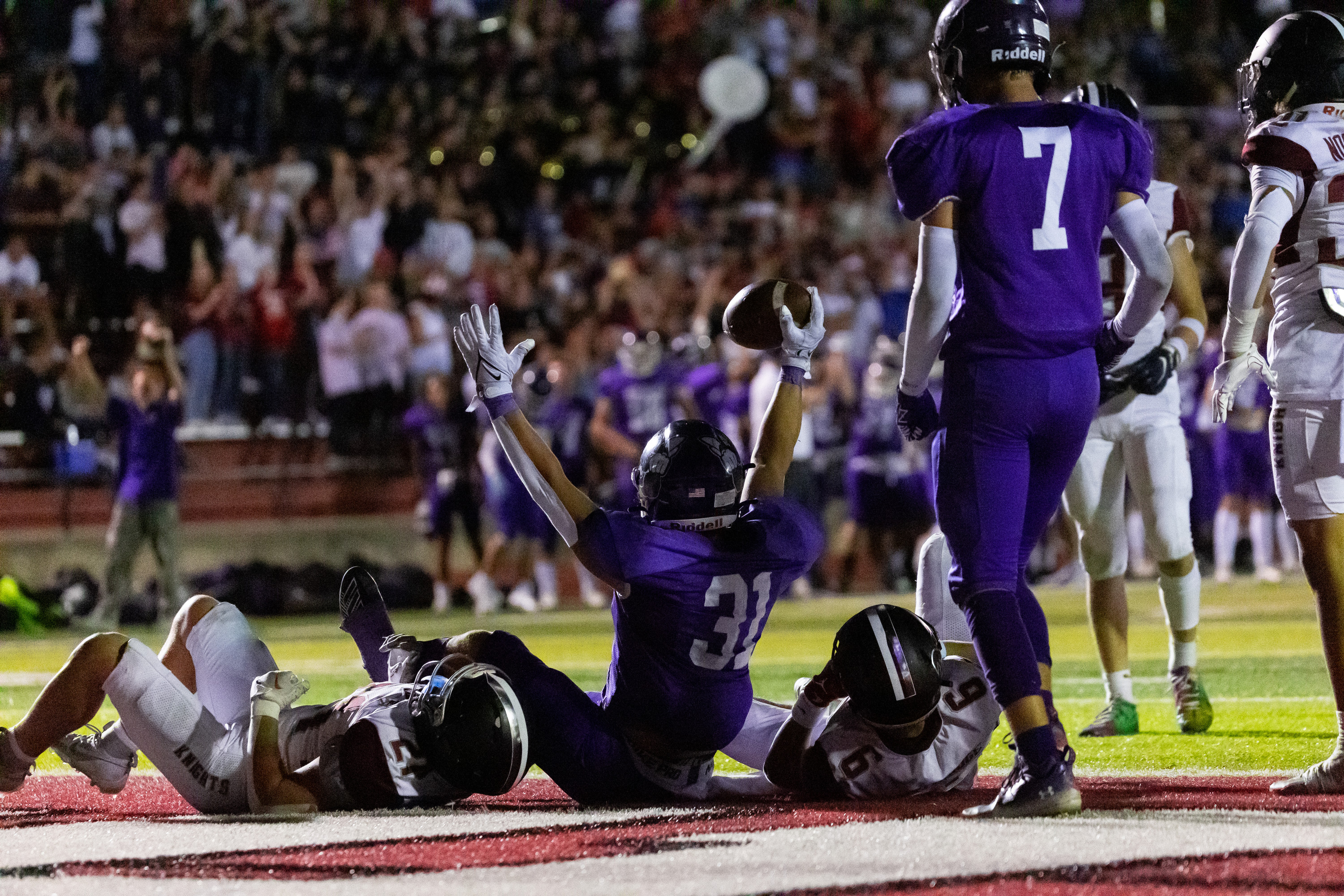 Box Elder High School’s Dax Sumko scores a touchdown in a game against Northridge High School at Weber High School in Pleasant View on Friday, Sept. 1, 2023. Box Elder won the game 42-12.