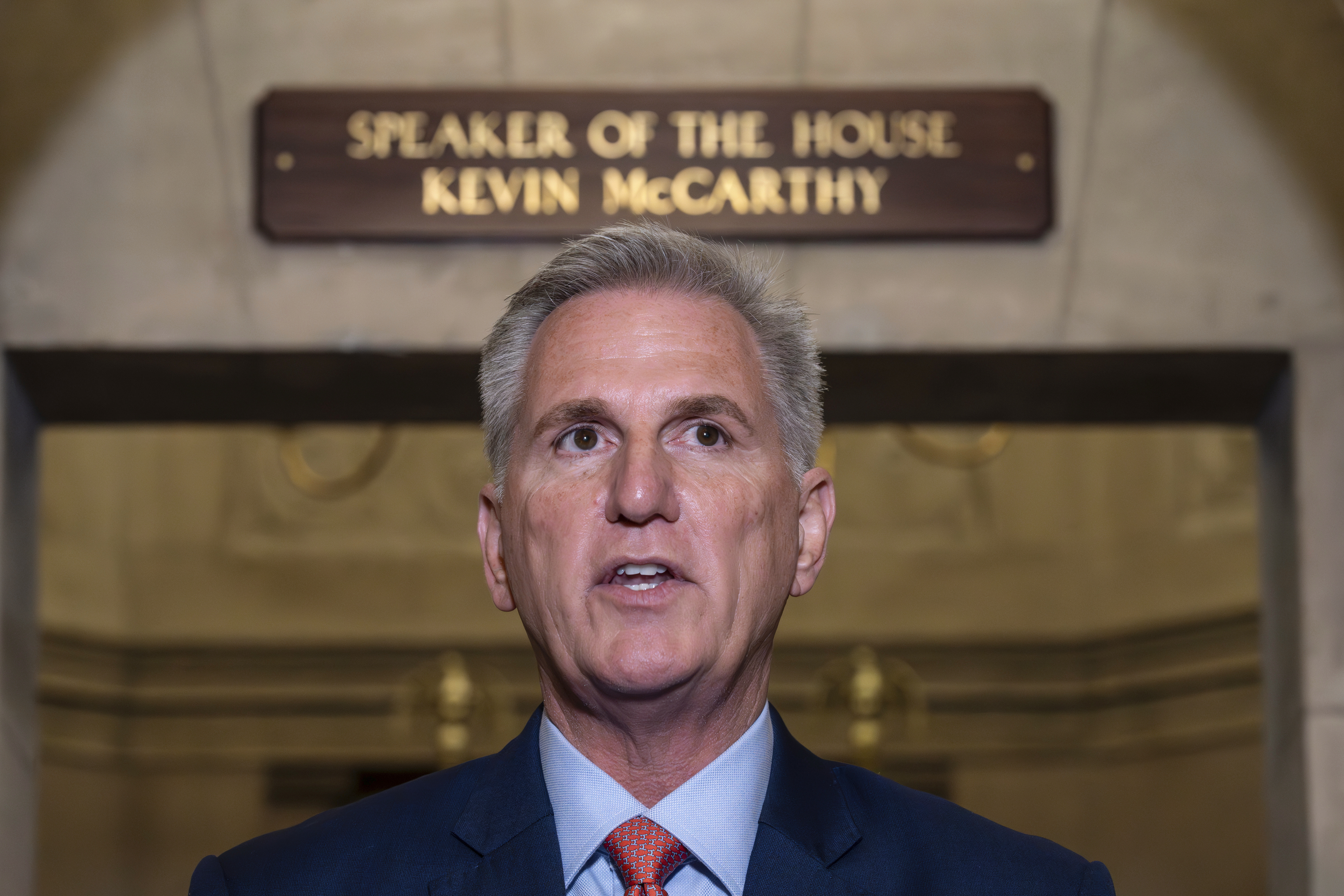 Speaker of the House Kevin McCarthy, R-Calif., speaks at the Capitol in Washington, Tuesday. McCarthy says he's directing a House committee to open a formal impeachment inquiry into President Joe Biden. 